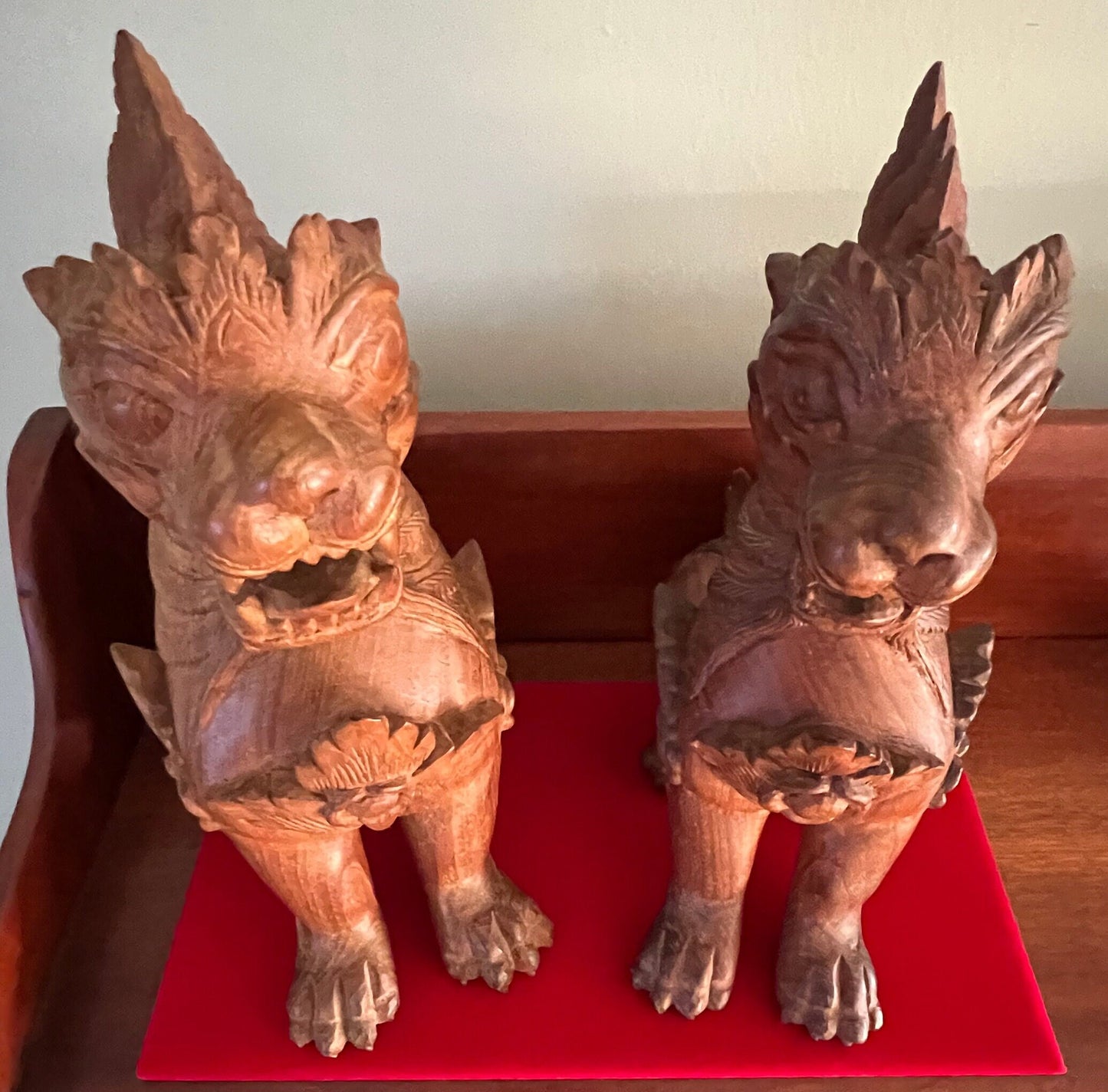 Vintage Carved Teak Foo Dogs: Hong Kong Statues, Set of 2