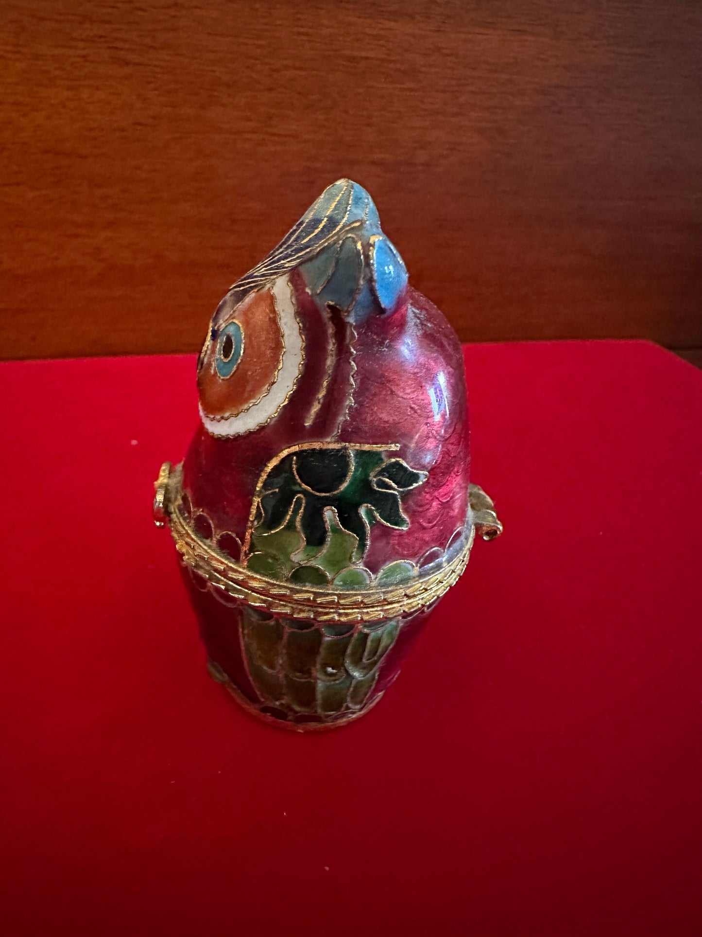 Vintage Cloisonné Owl Trinket Box: Red Enameled Brass Figurine