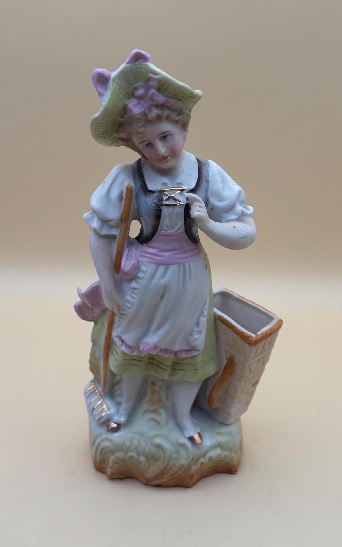 Antique Meissen Porcelain Woman with Broom and Flower Basket Statue Germany Hand Painted Figurine Lover Antiques and Vintage