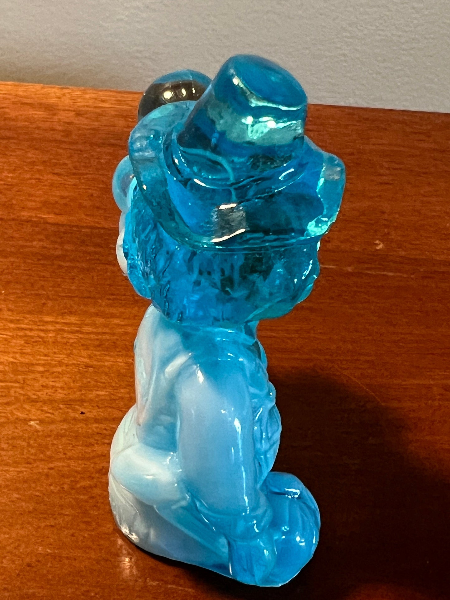 Vintage Mosser Blue Slag Glass Clown Gabby Figurine with Box