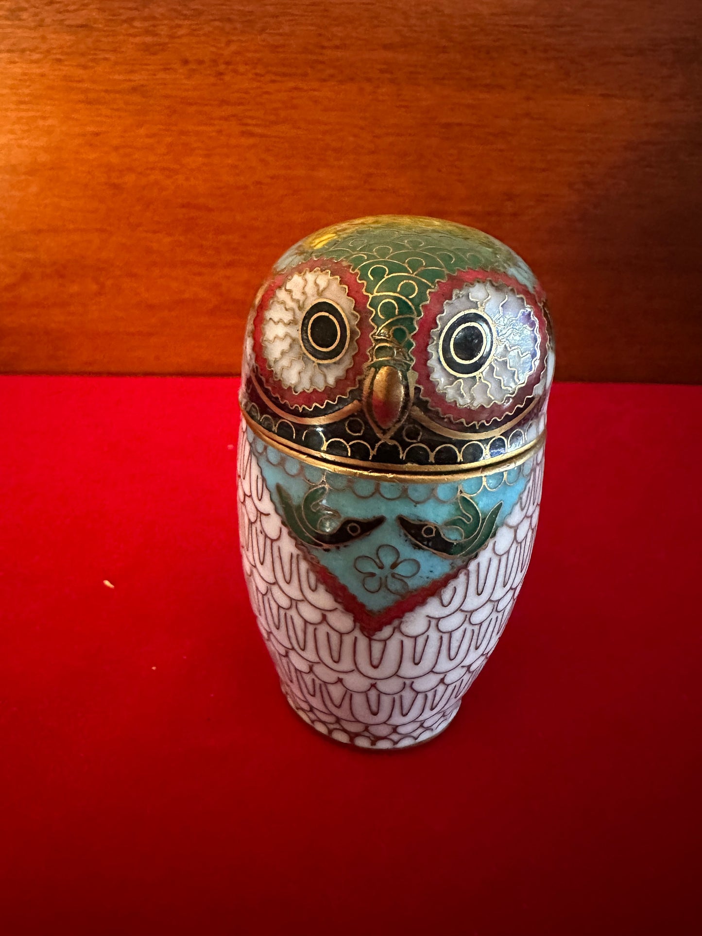 Vintage Cloisonné Enamel Owl Trinket Box with Brass Base