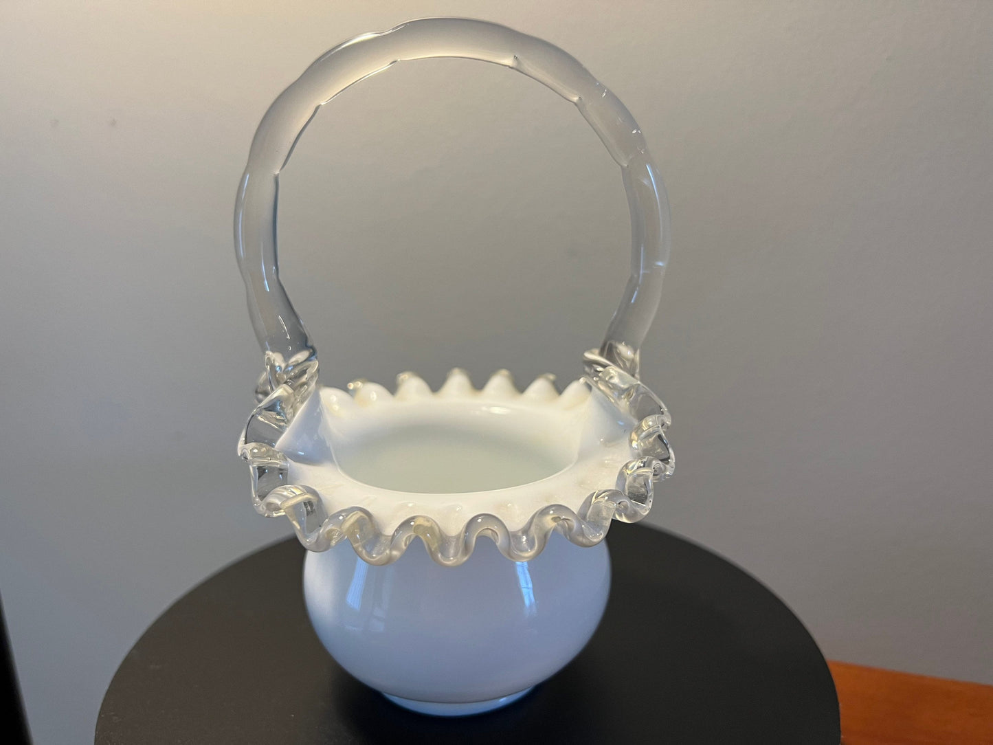 Vintage Fenton Silvercrest Basket Vase: White Ruffled Edge Art Glass
