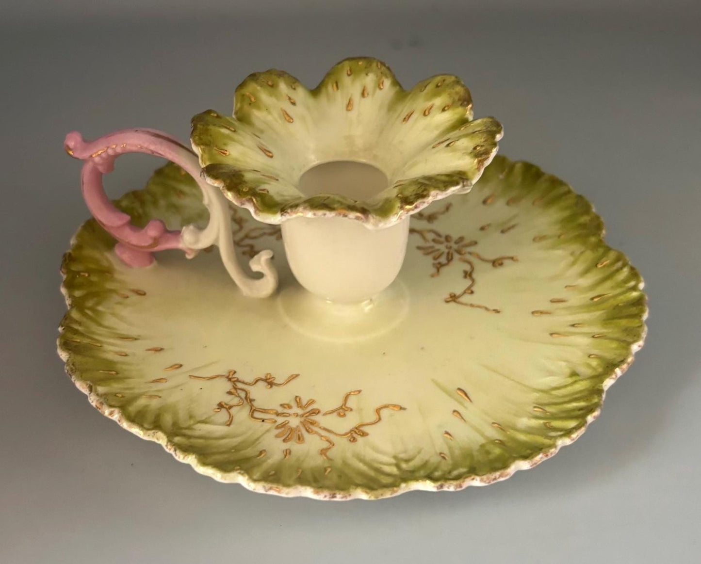 Vintage Limoges Green Gold Pink Fancy Candle Chamberstick with Saucer, French Porcelain Candle Holder, Unique Gift for Her