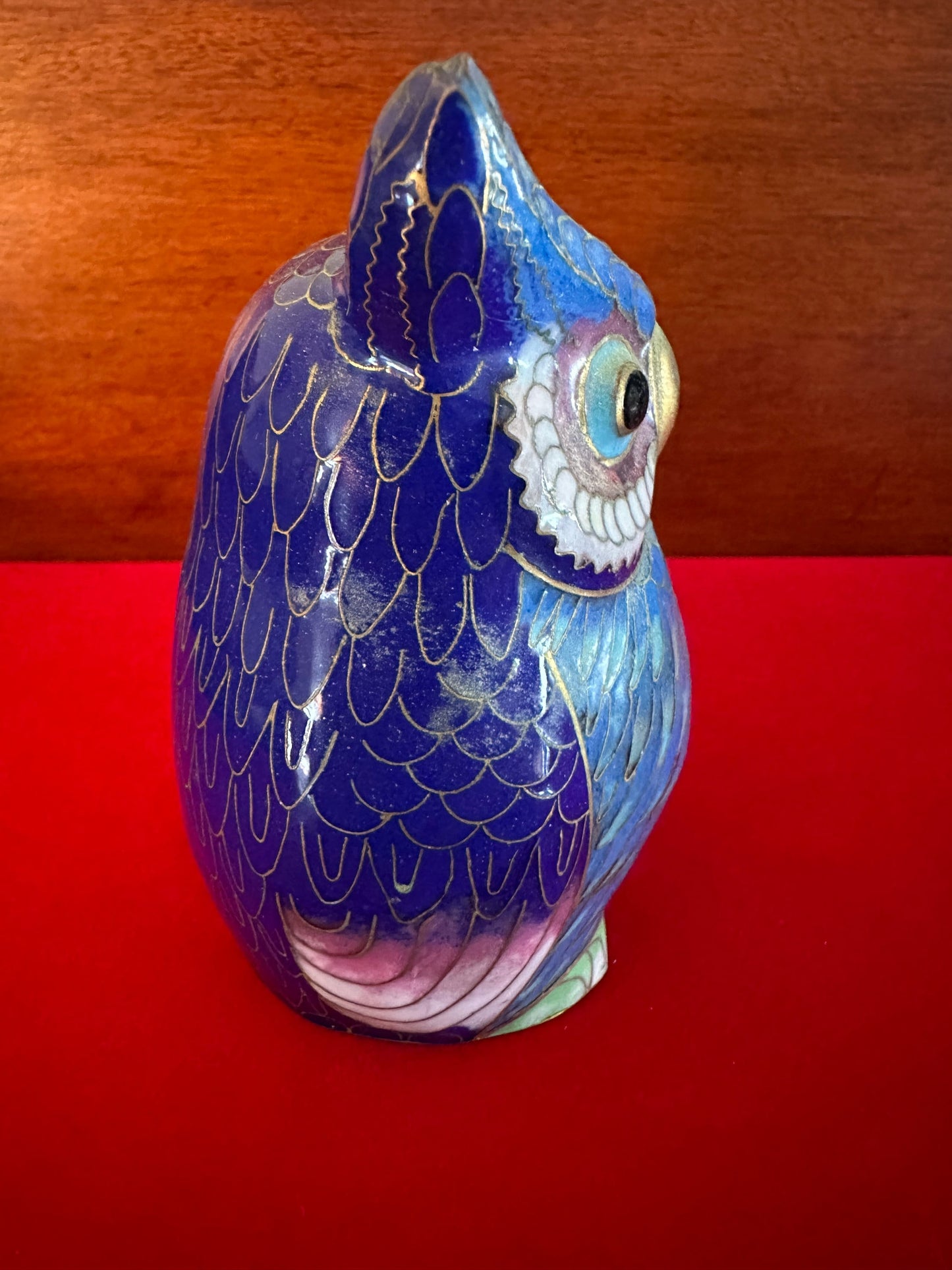 Vintage Cloisonné Enamel Owl Statue: Cobalt Blue & Brass