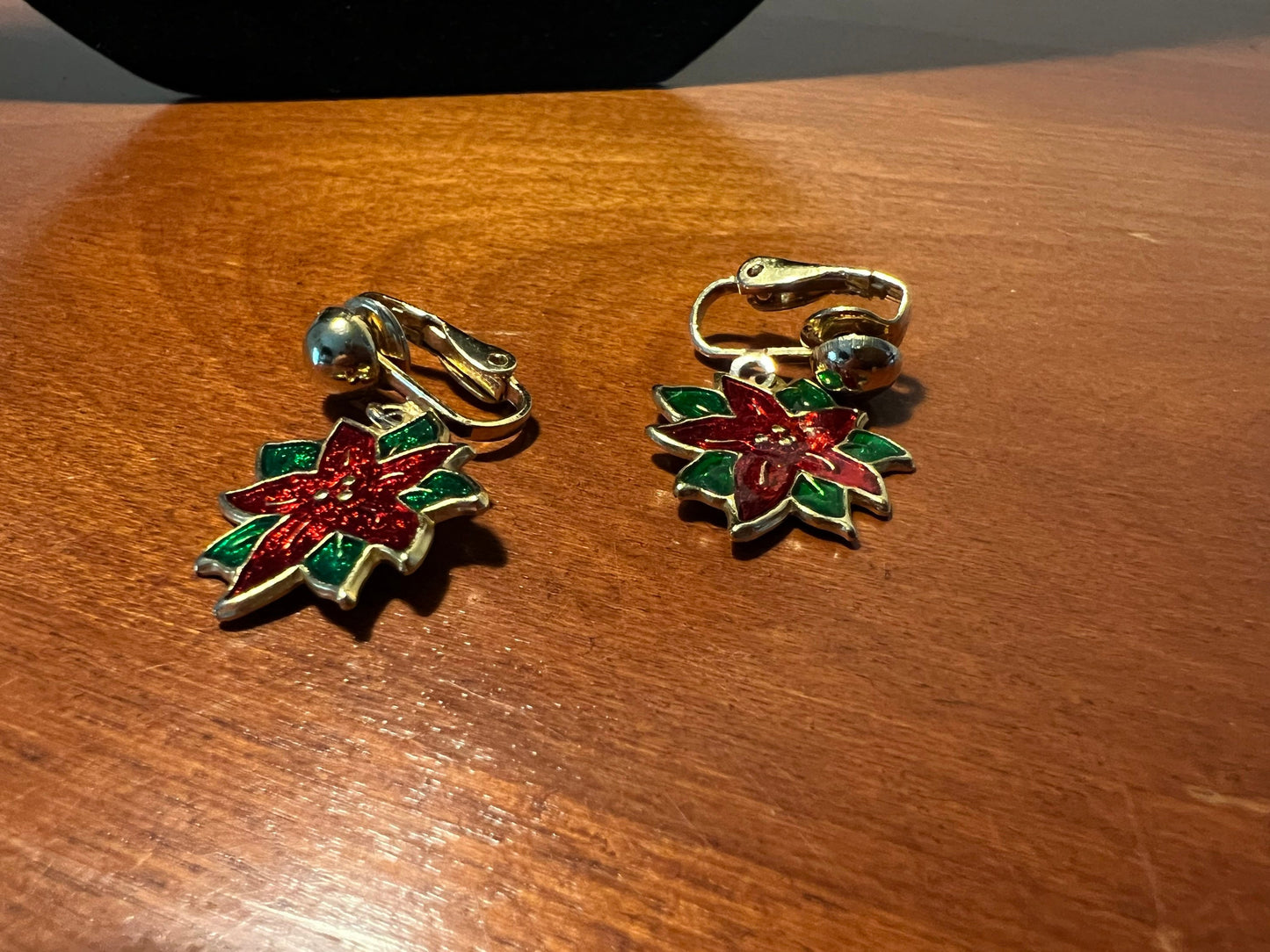 Vintage Poinsettia Enamel Red drop down clip on Earrings gold tone holidays Christmas flower earring jewelry