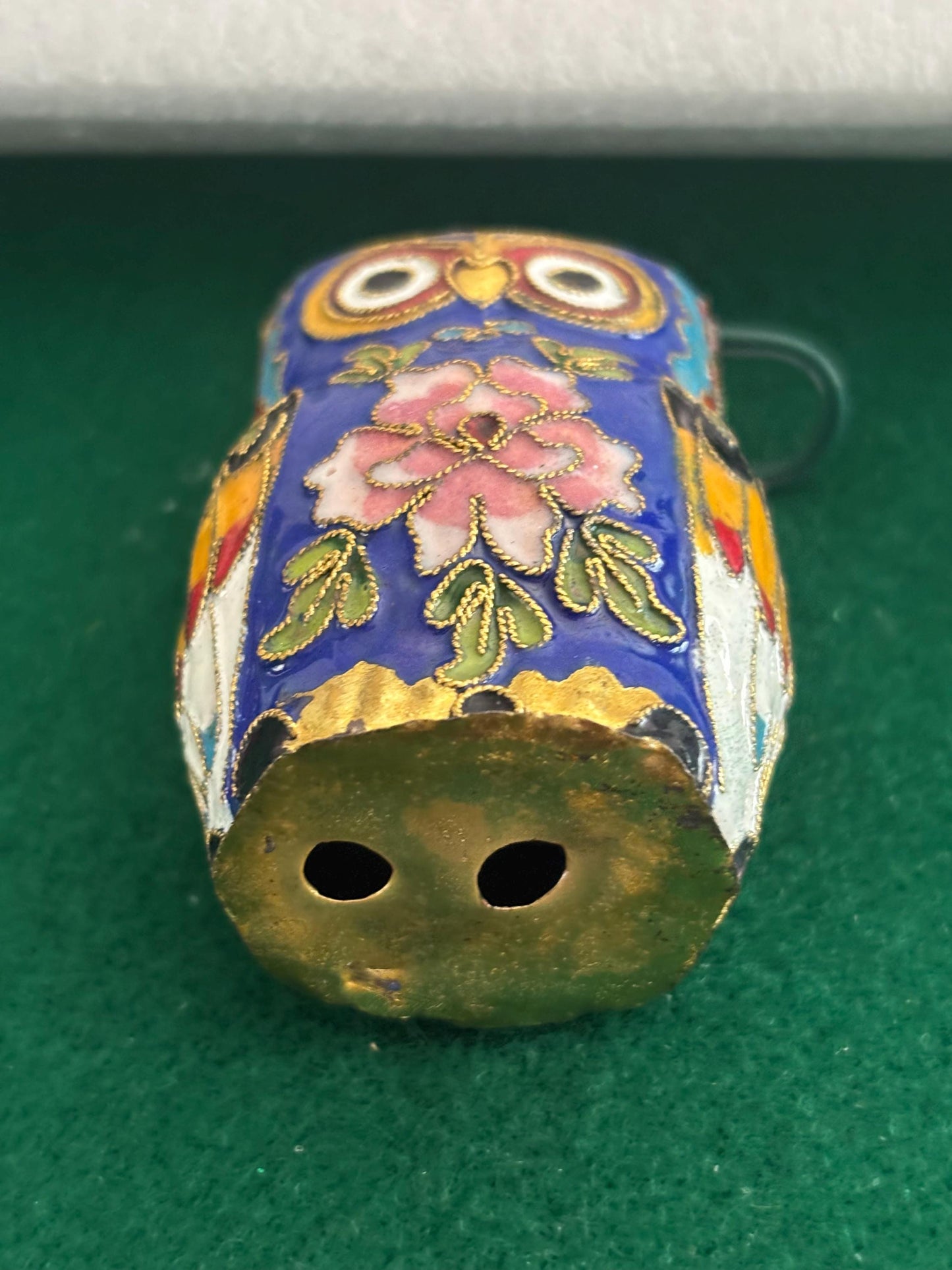 Vintage Cloisonné Brass Enameled Tall Standing Owl Statue Purple Pink Rose Enameled Owl Figurine Lover Antiques and Vintage