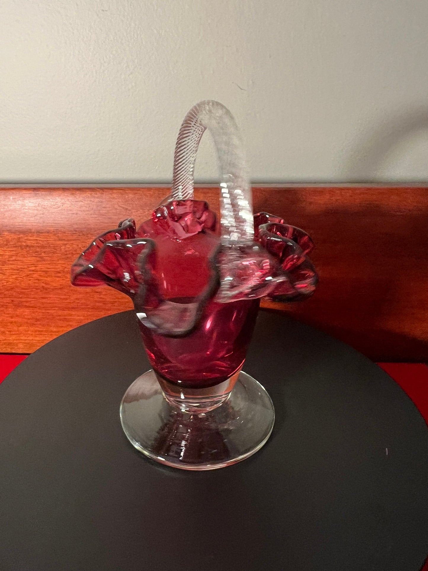 Vintage Fenton Cranberry Glass Ruffled Basket with Handle