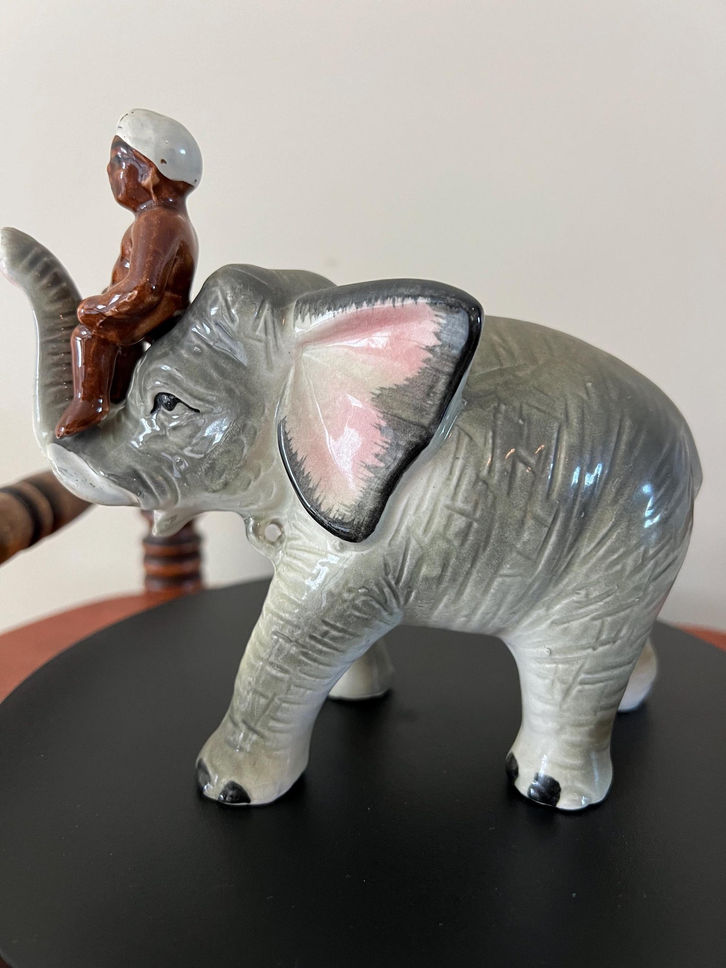 Vintage Ceramic Elephant Figurine: Trunk Up, Man Rider, Made in Japan