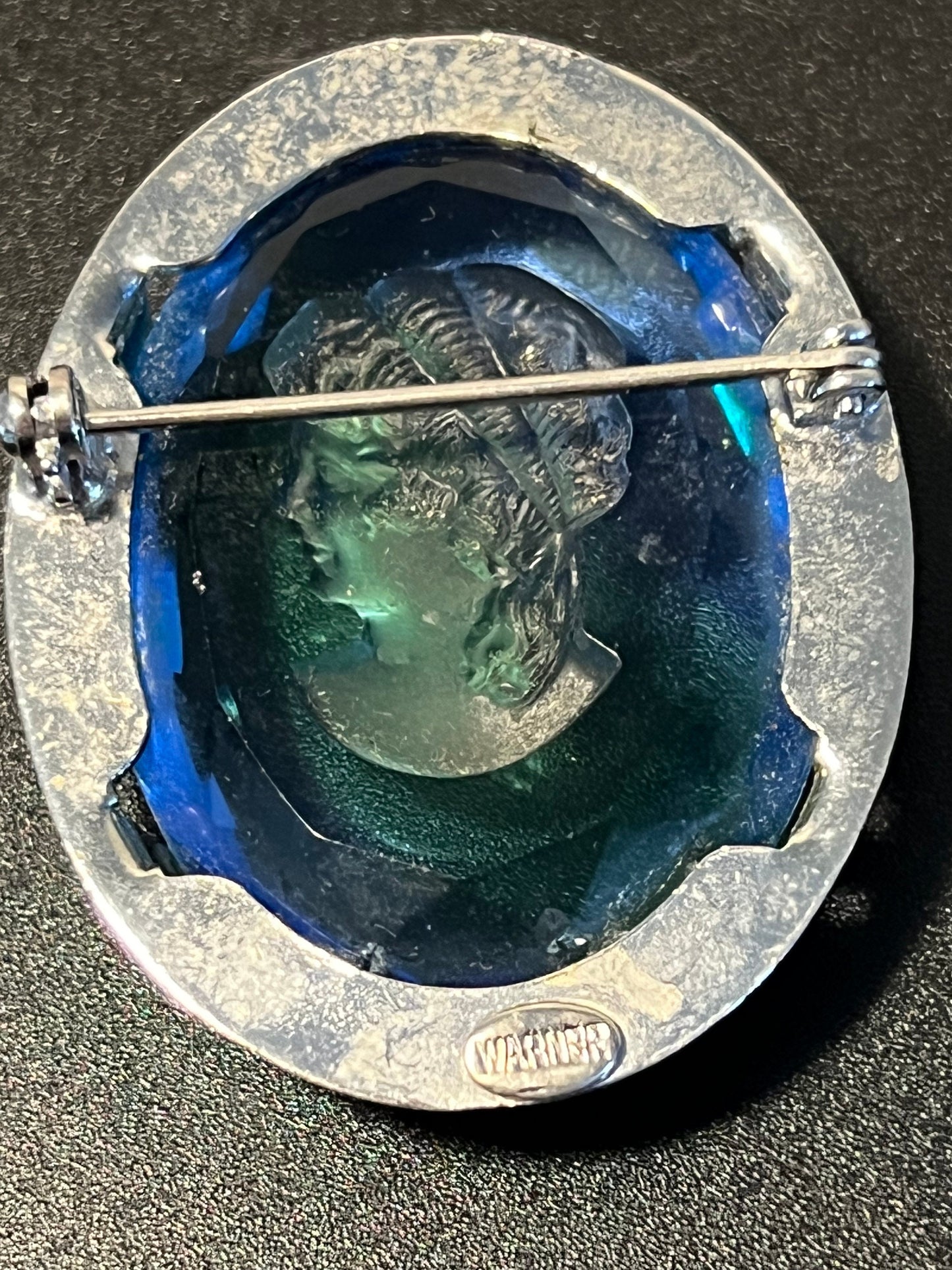 Vintage Warner Cobalt Blue Cameo Brooch: Reverse Carved Woman Portrait