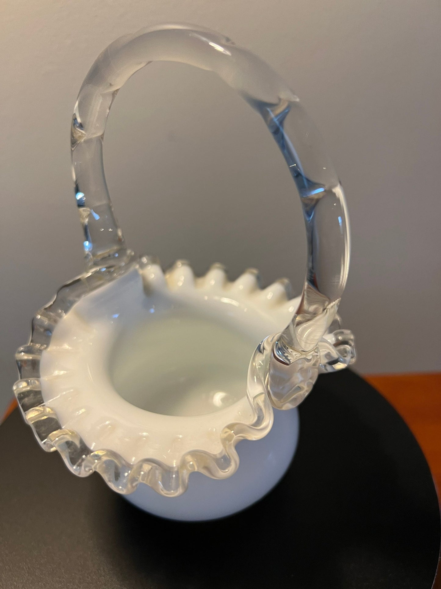 Vintage Fenton Silvercrest Basket Vase: White Ruffled Edge Art Glass