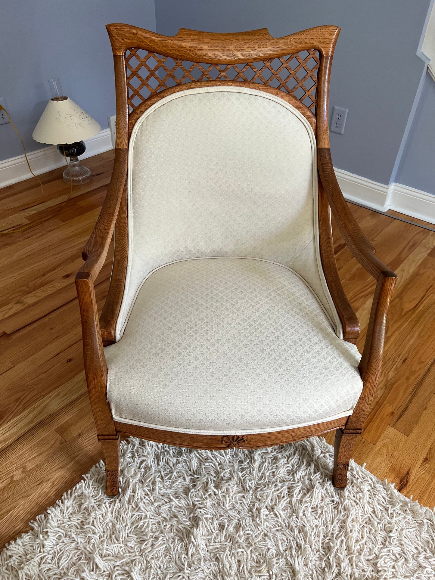 Antique Tiger Oak Cross Pattern Upholstered Accent Chair Lover Antiques and Vintage