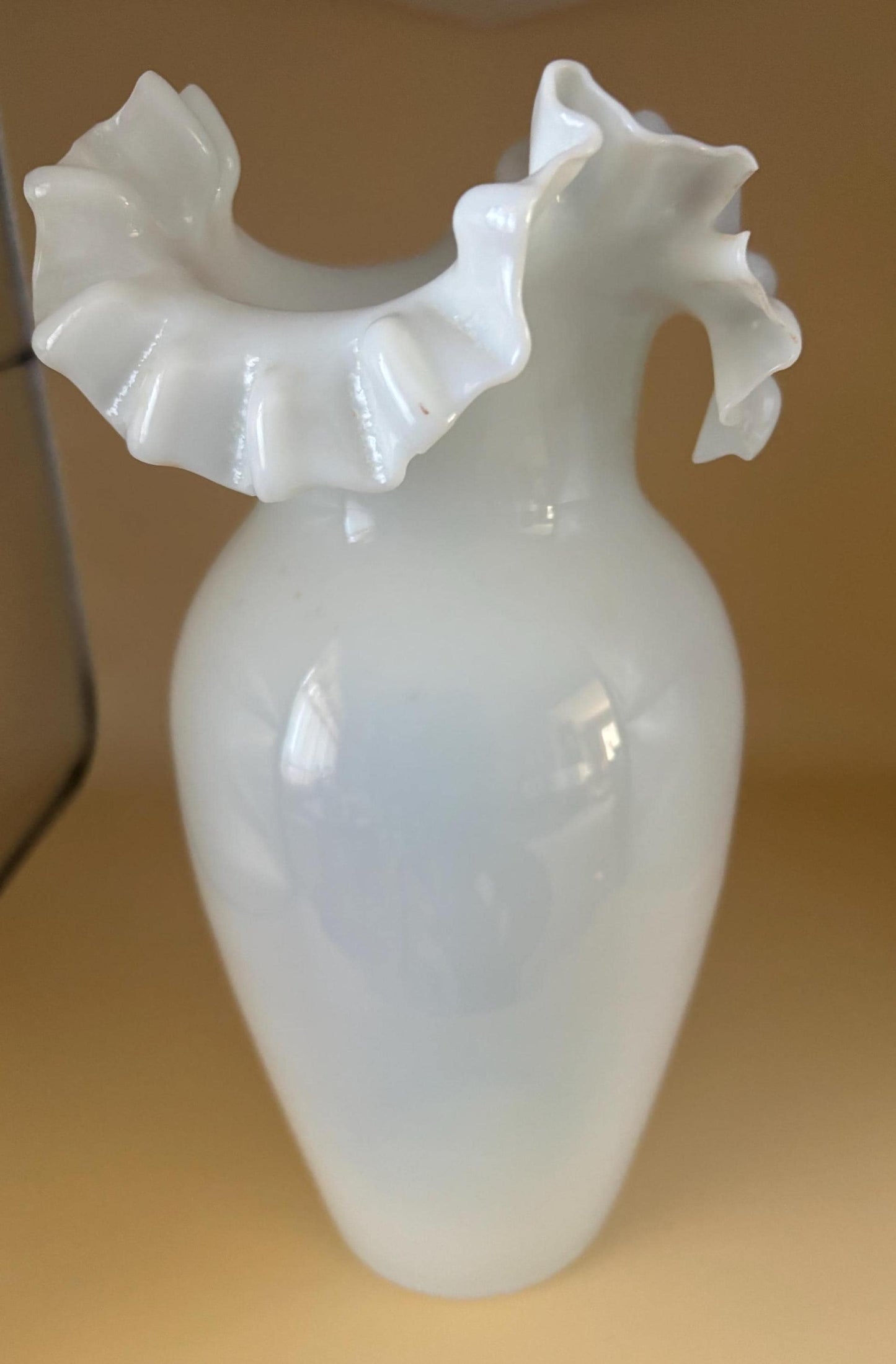 Antique Victorian Bristol Hand Bowl Glass Ruffled White Vase Lover Antiques and Vintage