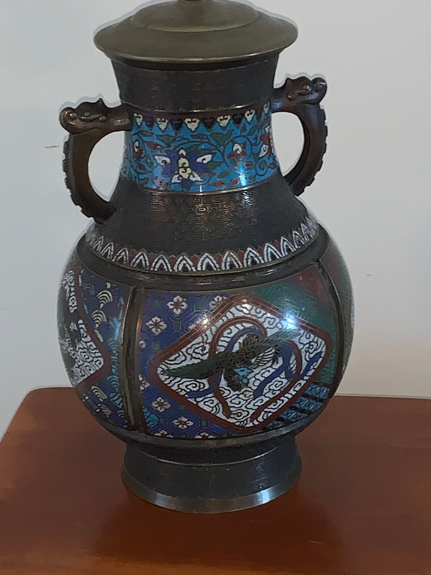 Antique Cloisonné Champlevé Bronze and Enamel Chinese Oriental Table Lamp