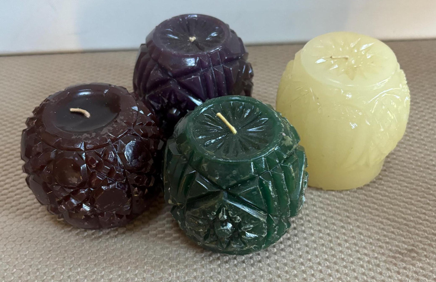 Vintage Kenzie Candles Set of 4 Candles 2 Purple 1 Green 1 White Collectible Candles Set 1 Lover Antiques and Vintage