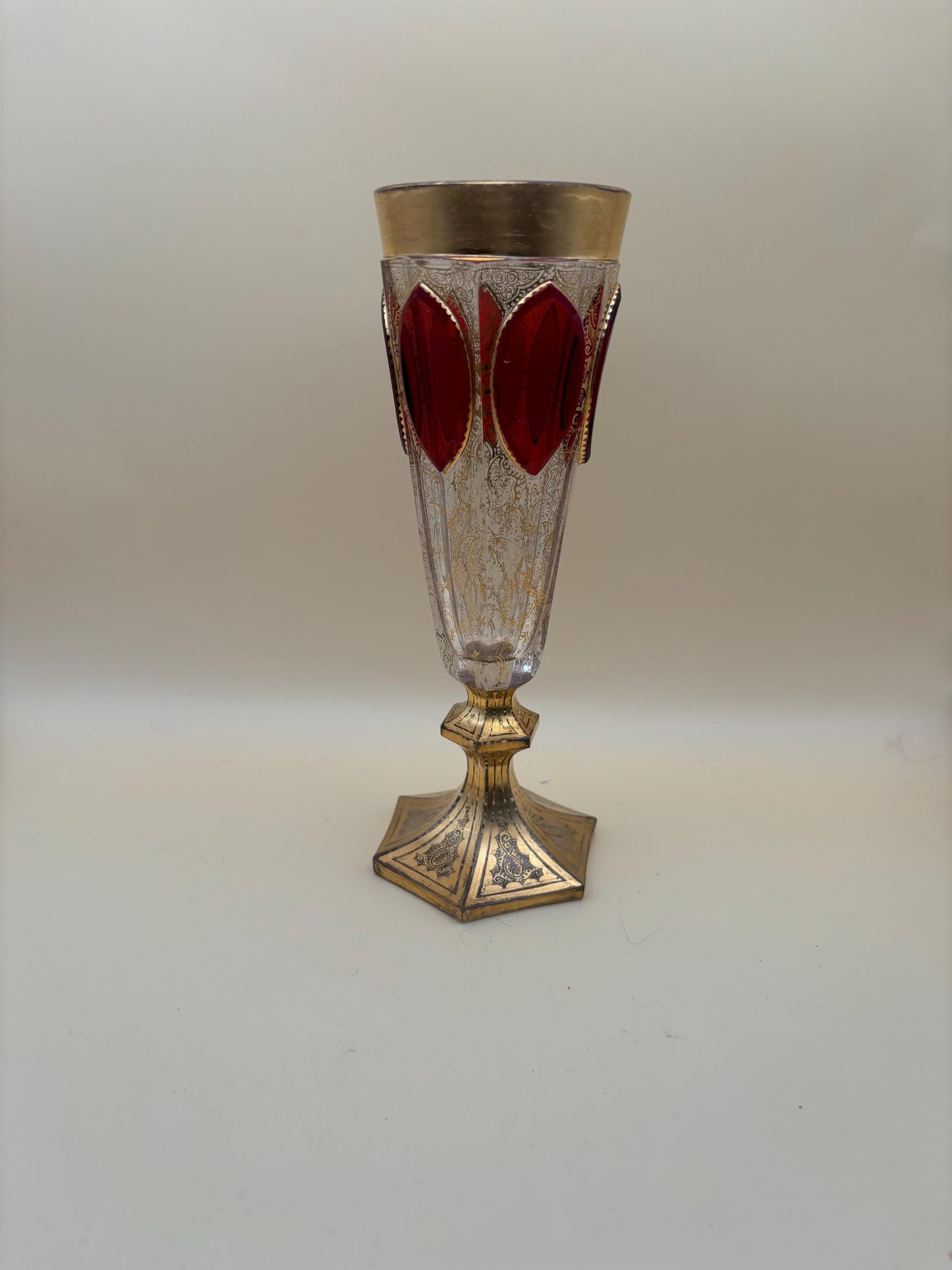 Antique Bohemian Cranberry Cut Cabochon Tall Vase with Gold Gilding Lover Antiques and Vintage