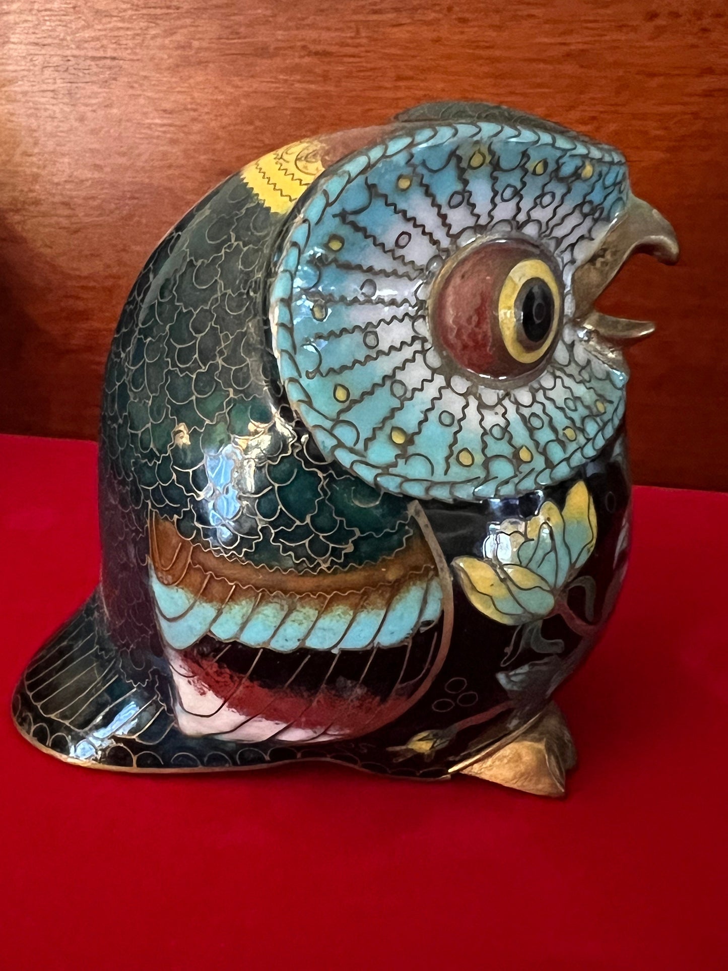 Vintage Cloisonné Enamel Owl Figurine: Cobalt Blue Brass Base