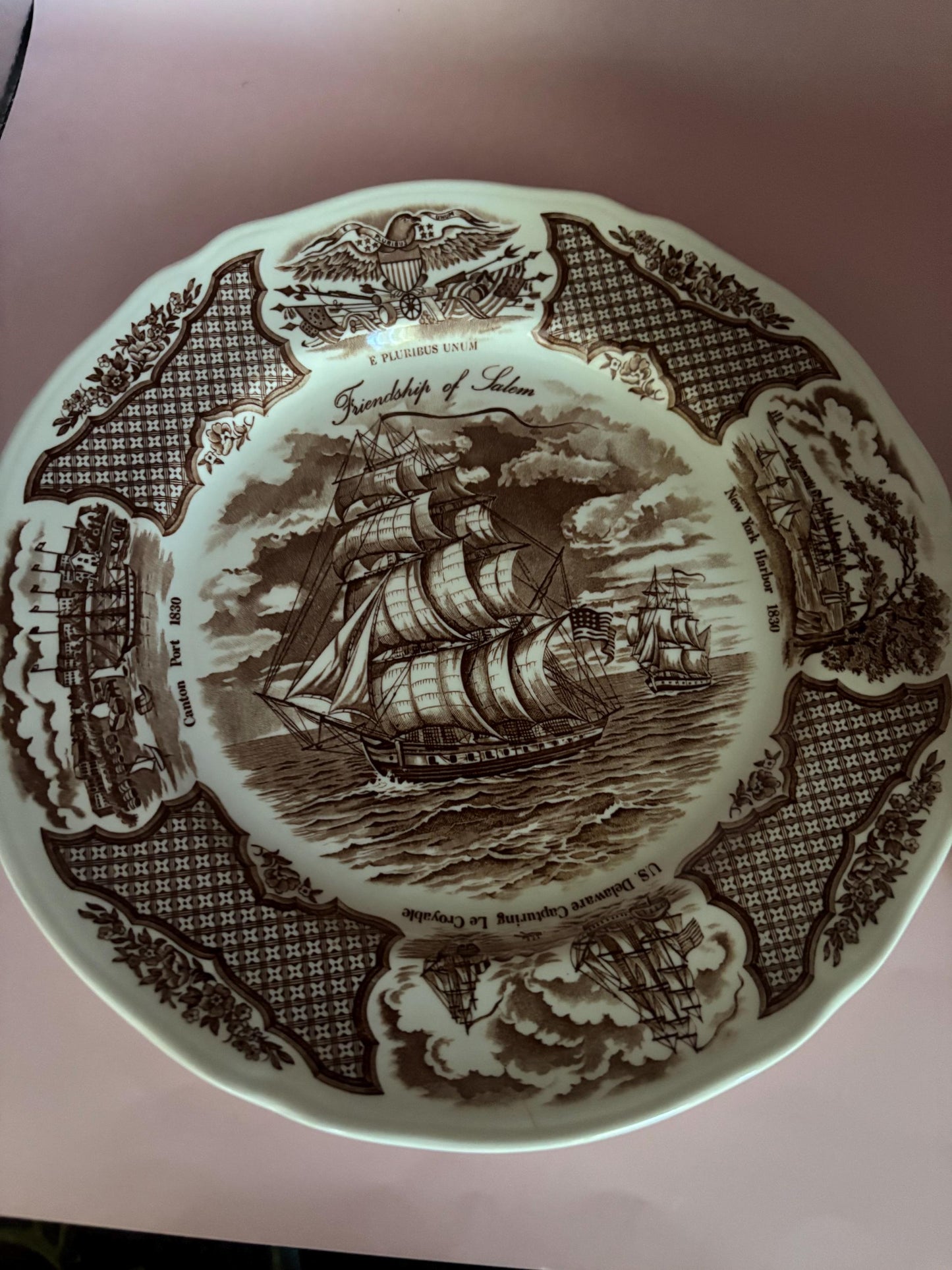Vintage Alfred Meakin Staffordshire England The Friendship of Salem Fair Winds Original Copper Engravings Dinner Plate Lover Antiques