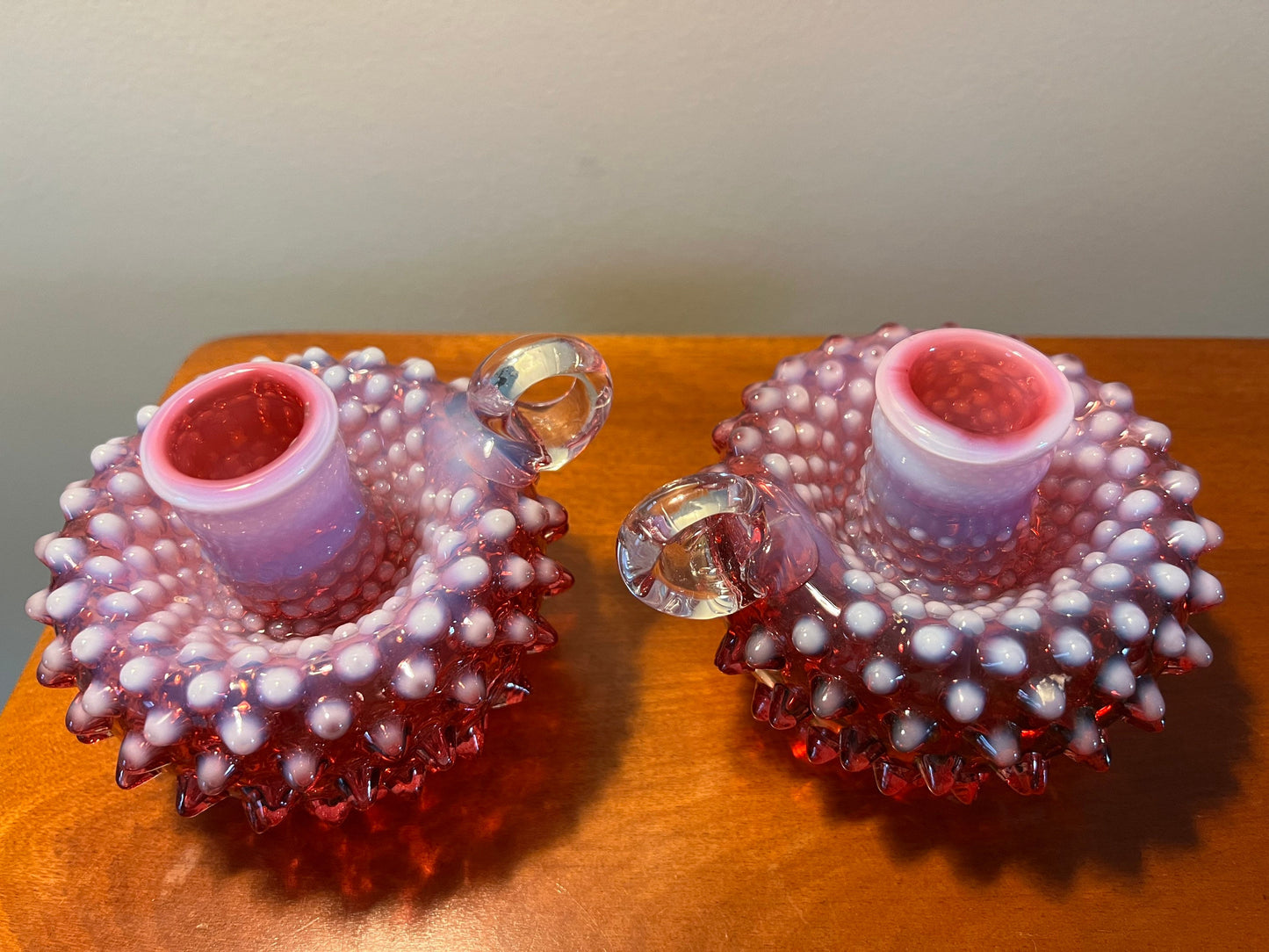 Vintage Fenton Cranberry Opalescent Hobnail Candleholder Pair Art Glass Pink Rose vintage