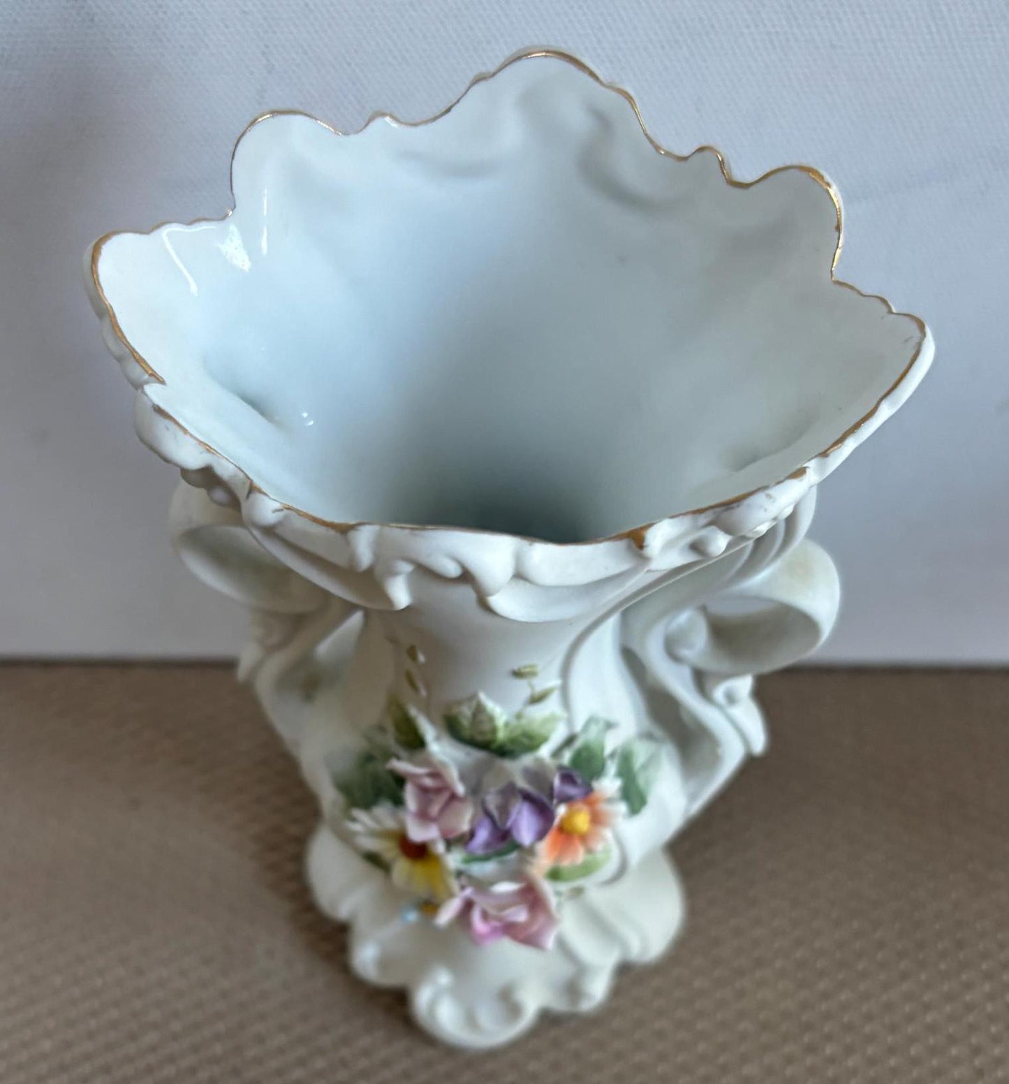 Vintage Lefton Vase with Double Handles Capodimonte Roses Hand Painted Porcelain Statue Number KW9209 Lover Antiques and Vintage