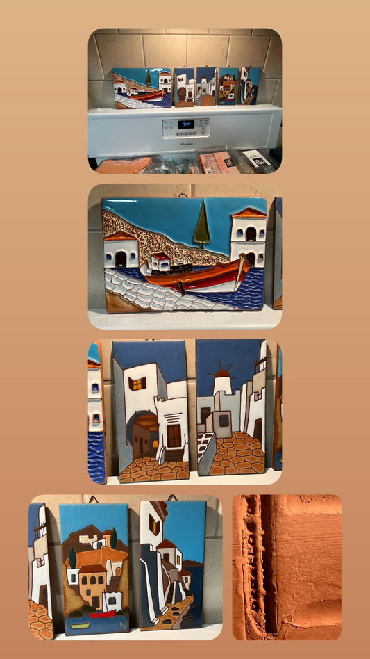 Vintage Dedallos Co. Hand Crafted Greek Greece Decorative Hanging Tiles signed colorful mid century modern tile