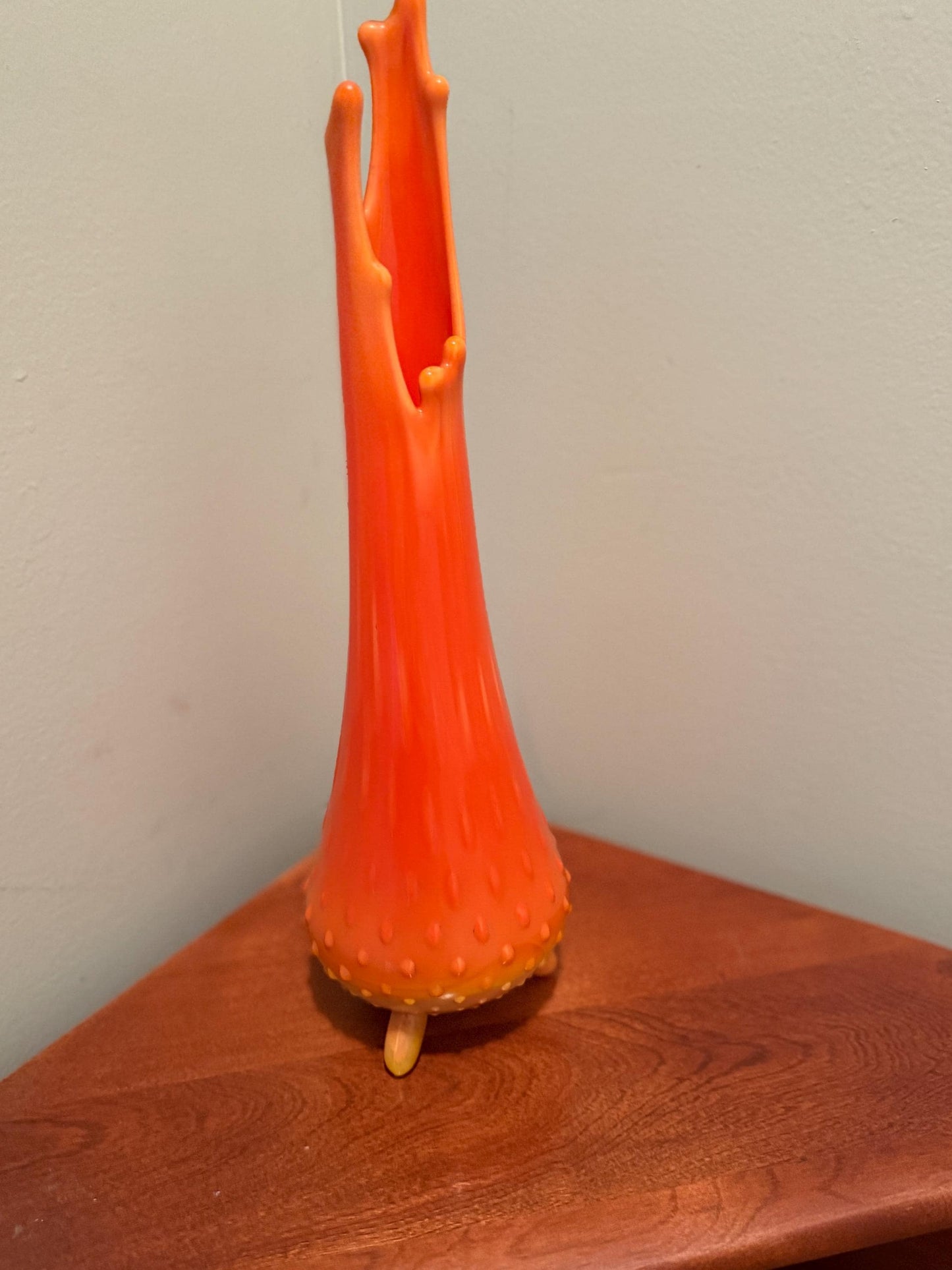 Vintage LE Smith Bittersweet Three Toe Swung Vase Orange Yellow Slag Glass Footed Ruffle Drippy Vase Lover Antiques and Vintage