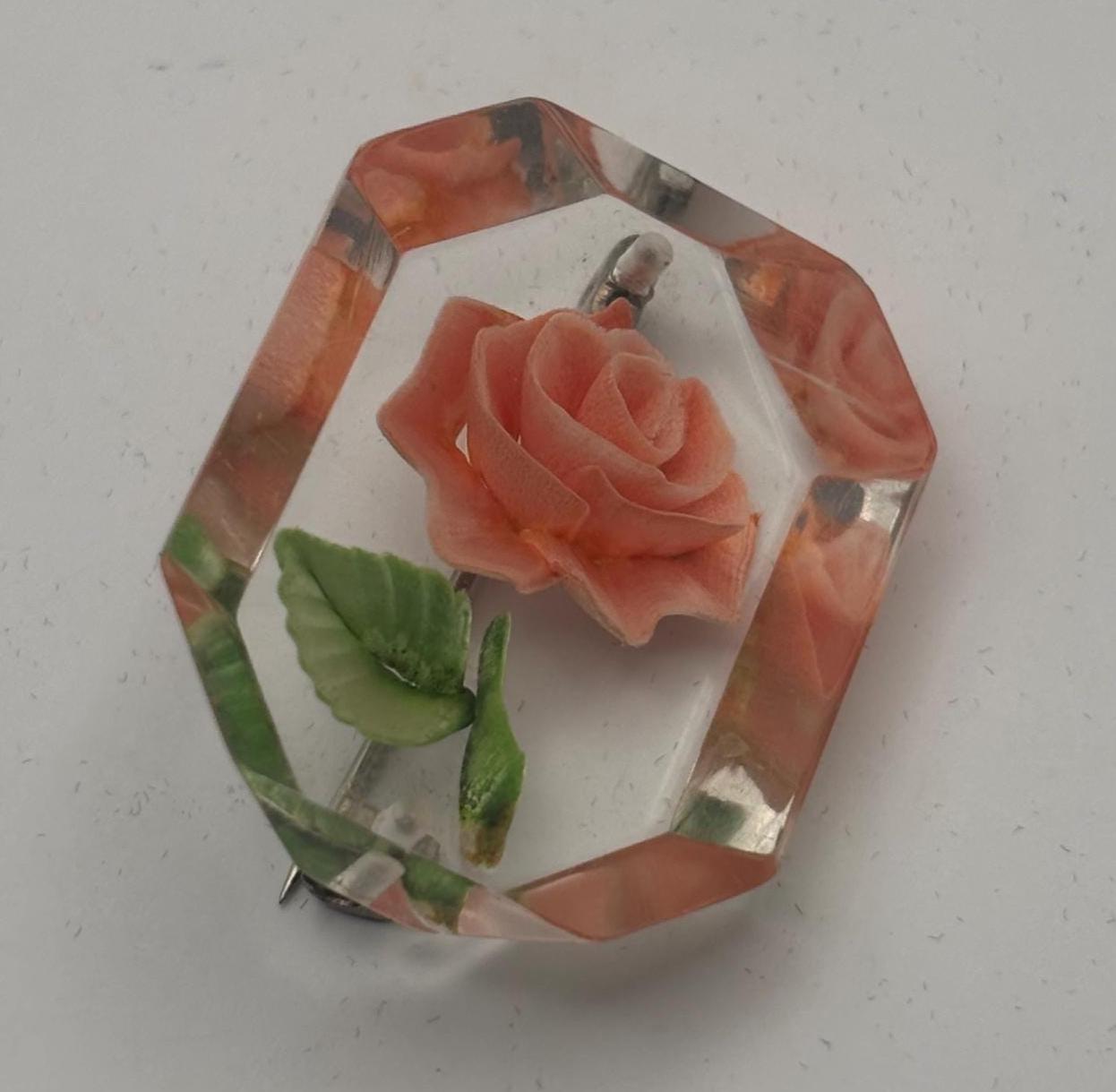 Reverse Rose Carved Lucite Rose Brooch Pin