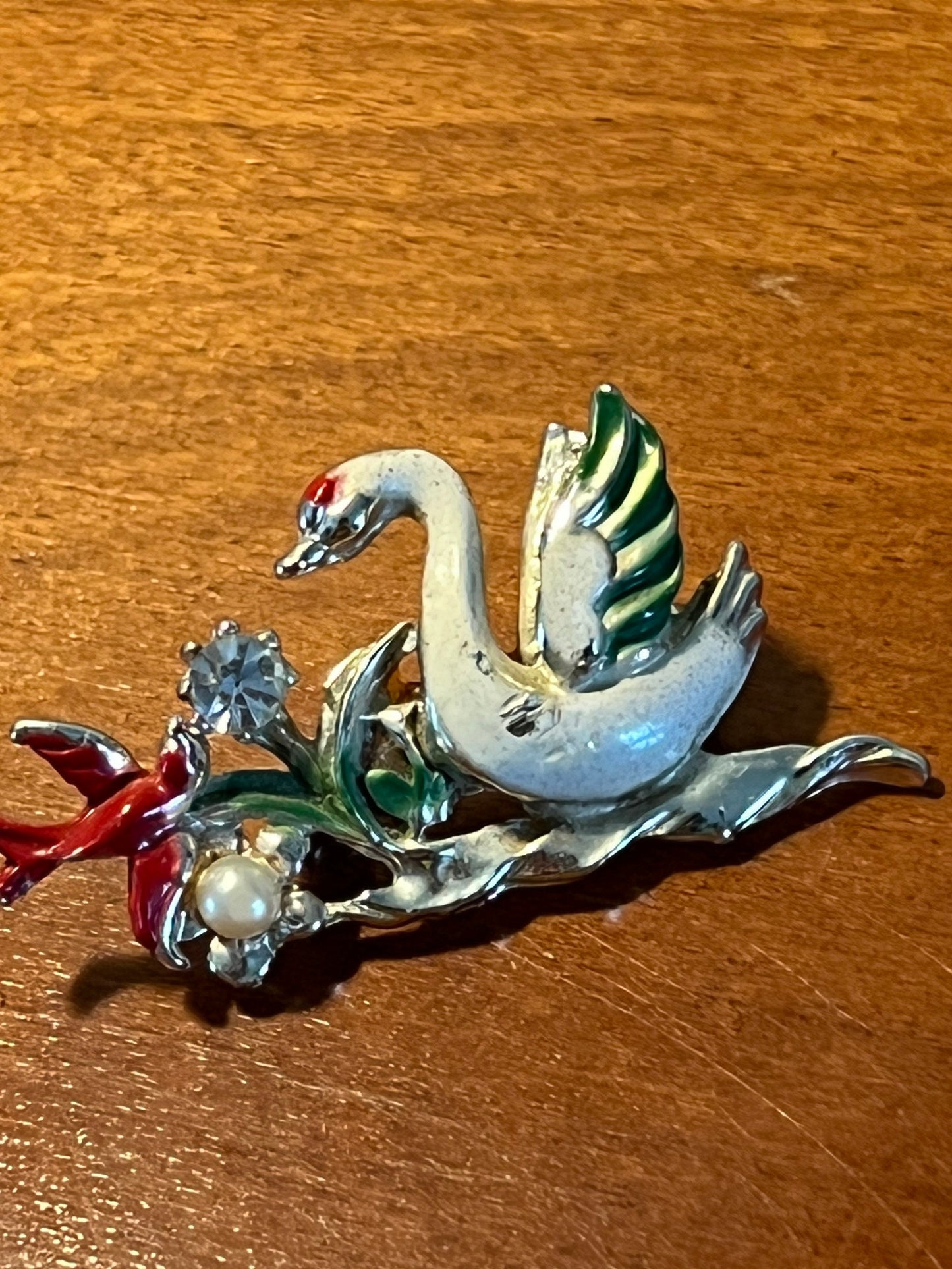 Vintage Silver Swan and Red Bird enamel pin brooch brooches pins estate jewelry Lover Antiques and Vintage