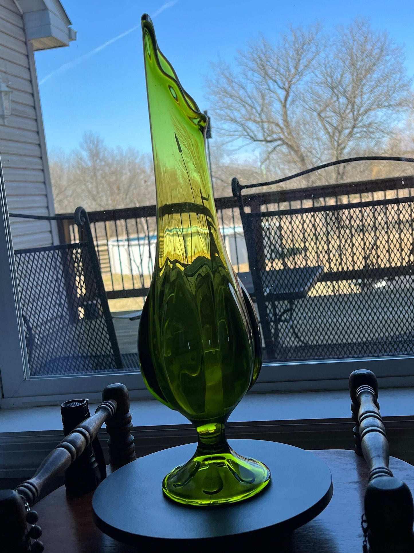 Vintage Viking Epic Avocado Green Swung Vase, Green Swung Glass Vase, Viking Green Vase with Pedestal, Lover Antiques and Vintage