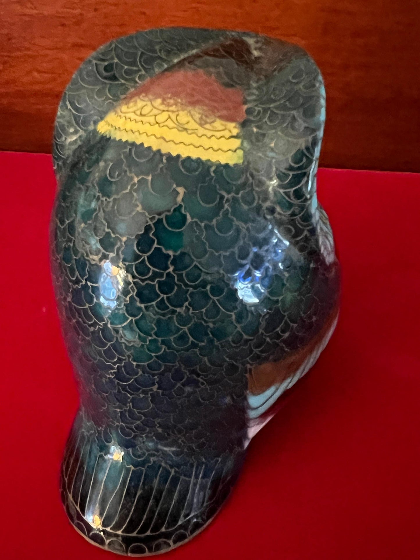 Vintage Cloisonné Enamel Owl Figurine: Cobalt Blue Brass Base
