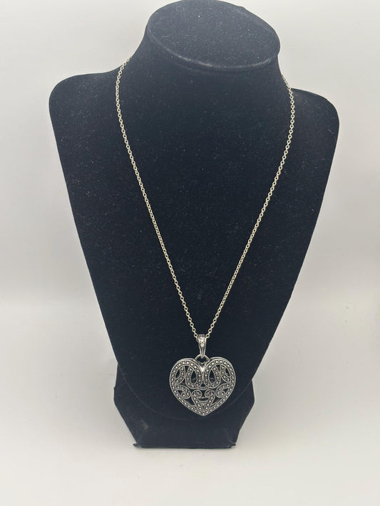 Vintage Filigree Heart Necklace Silver & Black Lover Antiques and Vintage