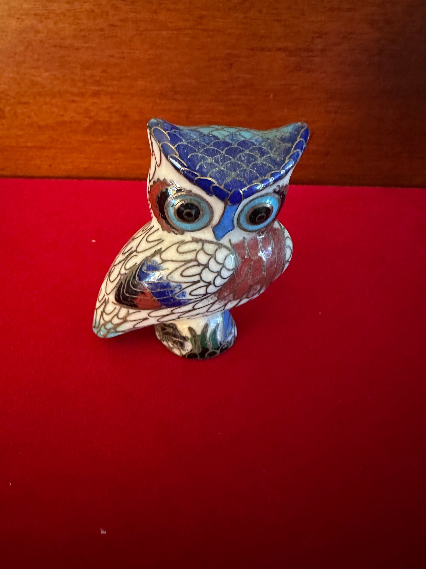 Vintage Cloisonné Enamel Owl Figurine: Cobalt Blue Brass Statue