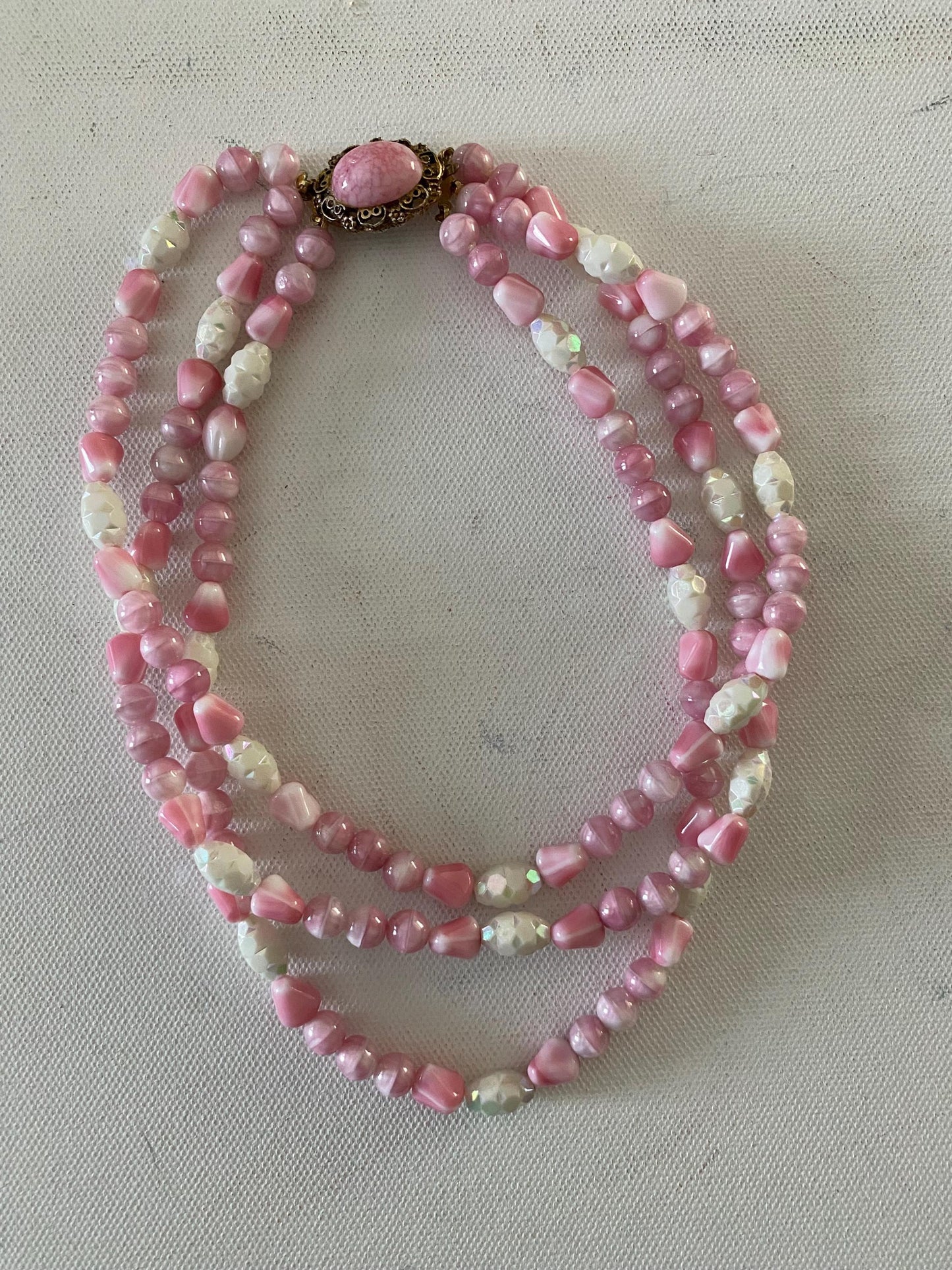 Vintage Pink & White Beaded Multi Strand Necklace