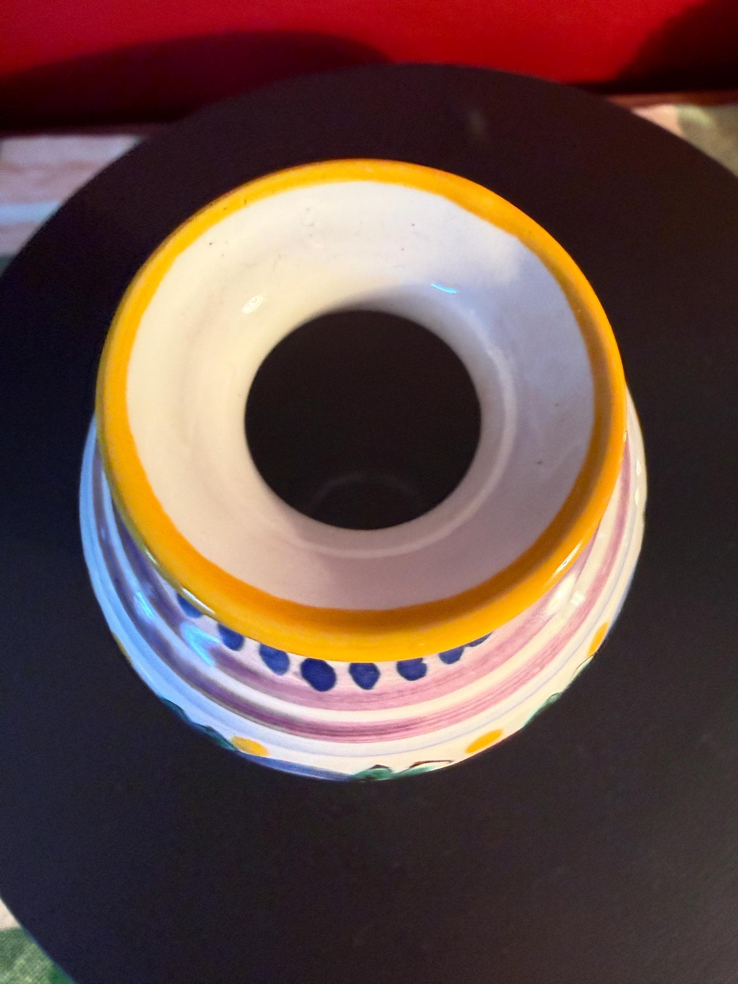 Vintage Modra Slovak Folk Art Mini Vase: Hand-Painted Majolika Pottery, 3 Inch Cream Yellow Blue