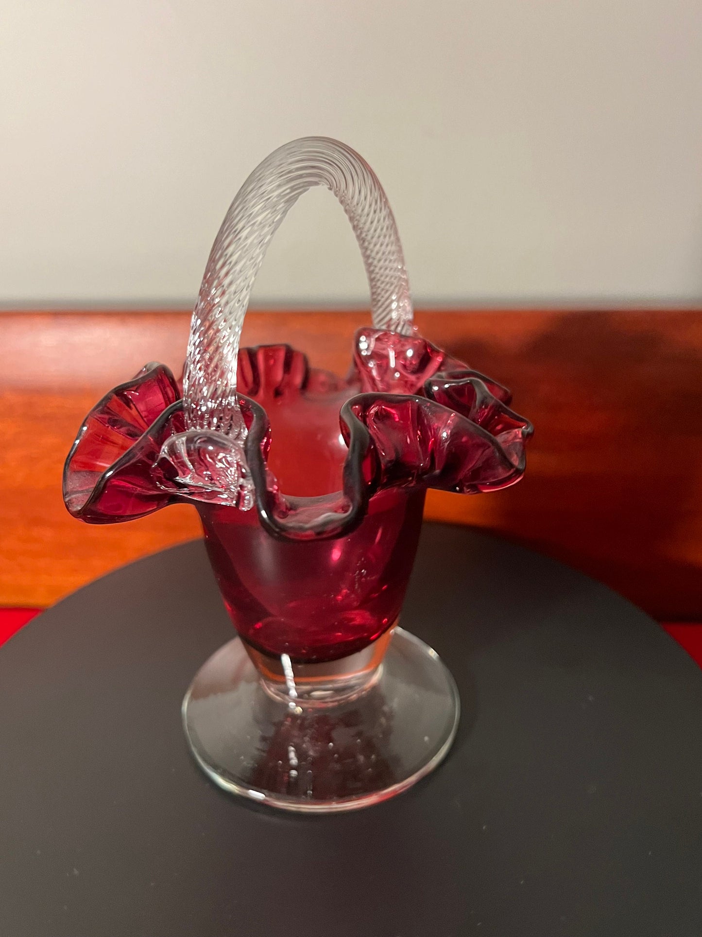 Vintage Fenton Cranberry Glass Ruffled Basket with Handle