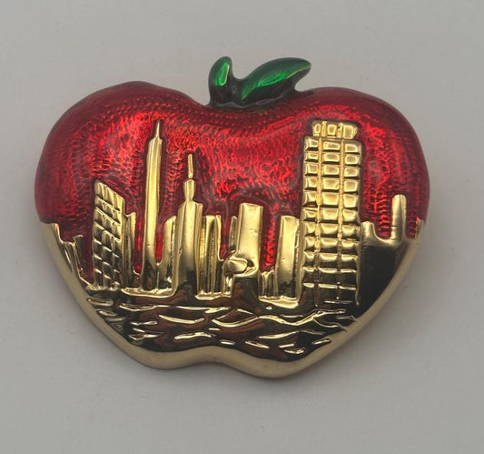 Vintage Apple with NYC Skyline Pin Brooch Lover Antiques and Vintage