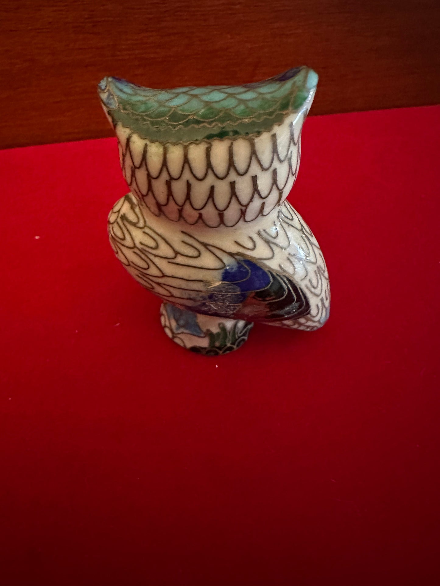 Vintage Cloisonné Enamel Owl Figurine: Cobalt Blue Brass Statue