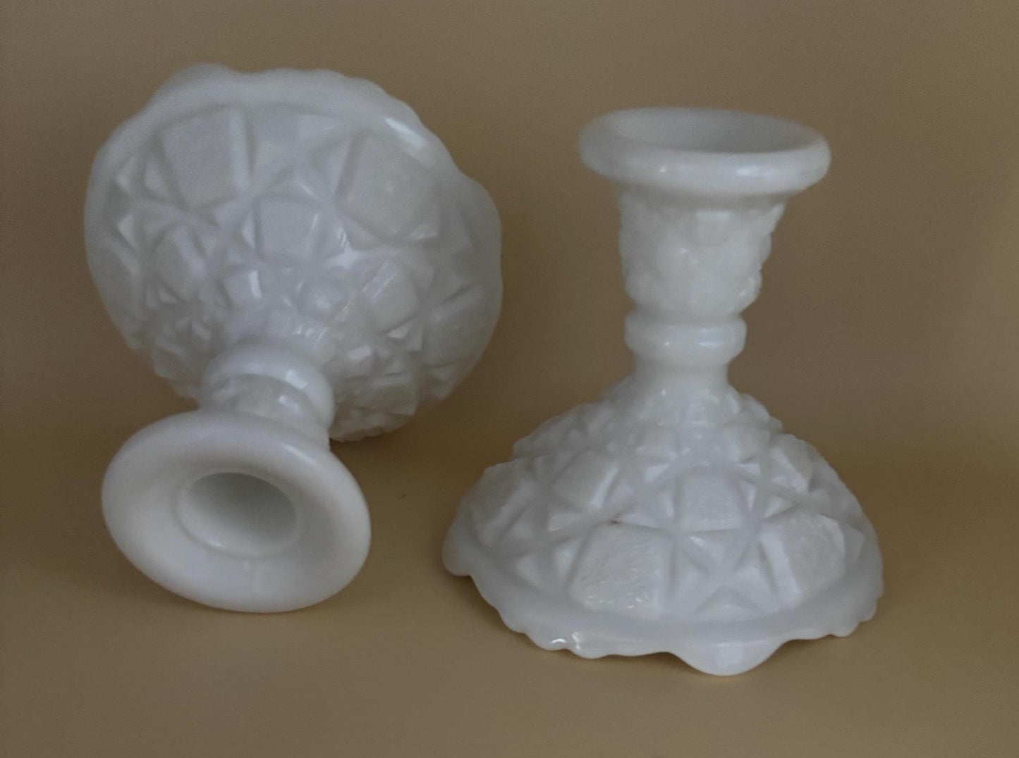 Vintage Westmoreland Old Quilt Milk Glass Pair of Candle Holders Lover Antiques and Vintage