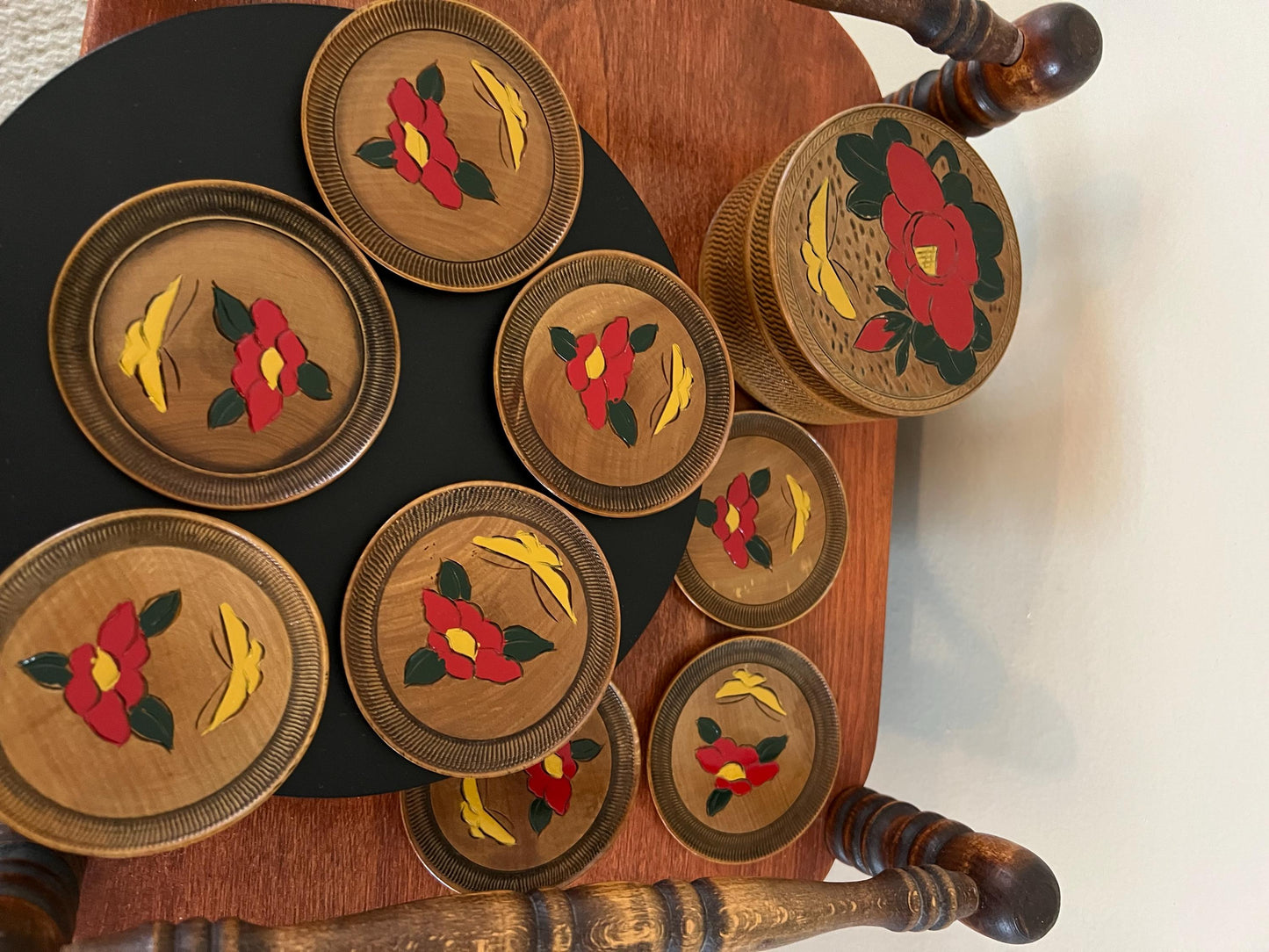 Vintage Japanese Wood Coaster Set: Hand-Painted Floral Box