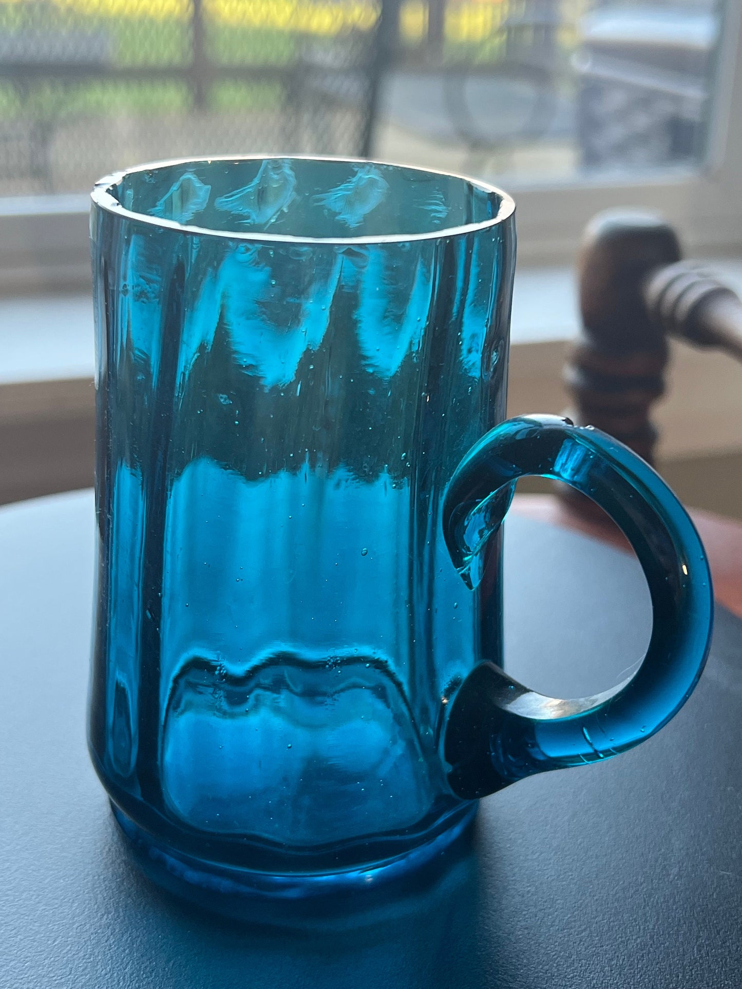 Vintage Blue Paneled Glass Cup with Handle