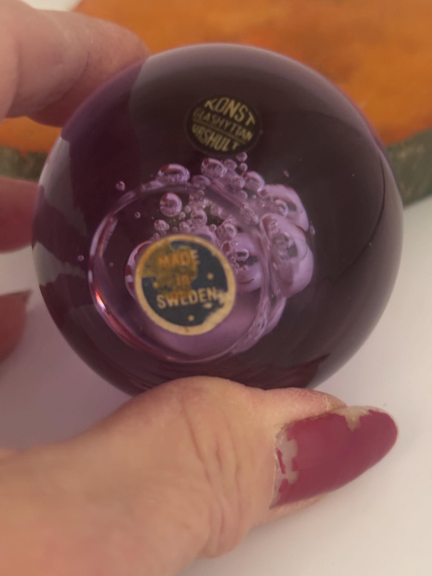 Vintage Purple Amethyst Glass Paperweight with Air Bubbles Konst Urshult Sweden Art Glass