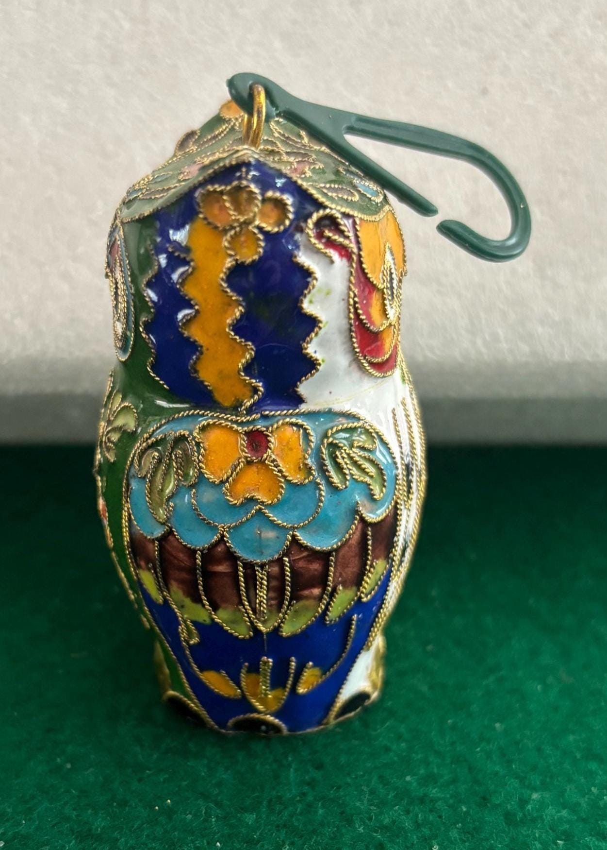 Vintage Cloisonné Enameled Owl Statue: Brass Owl Figurine