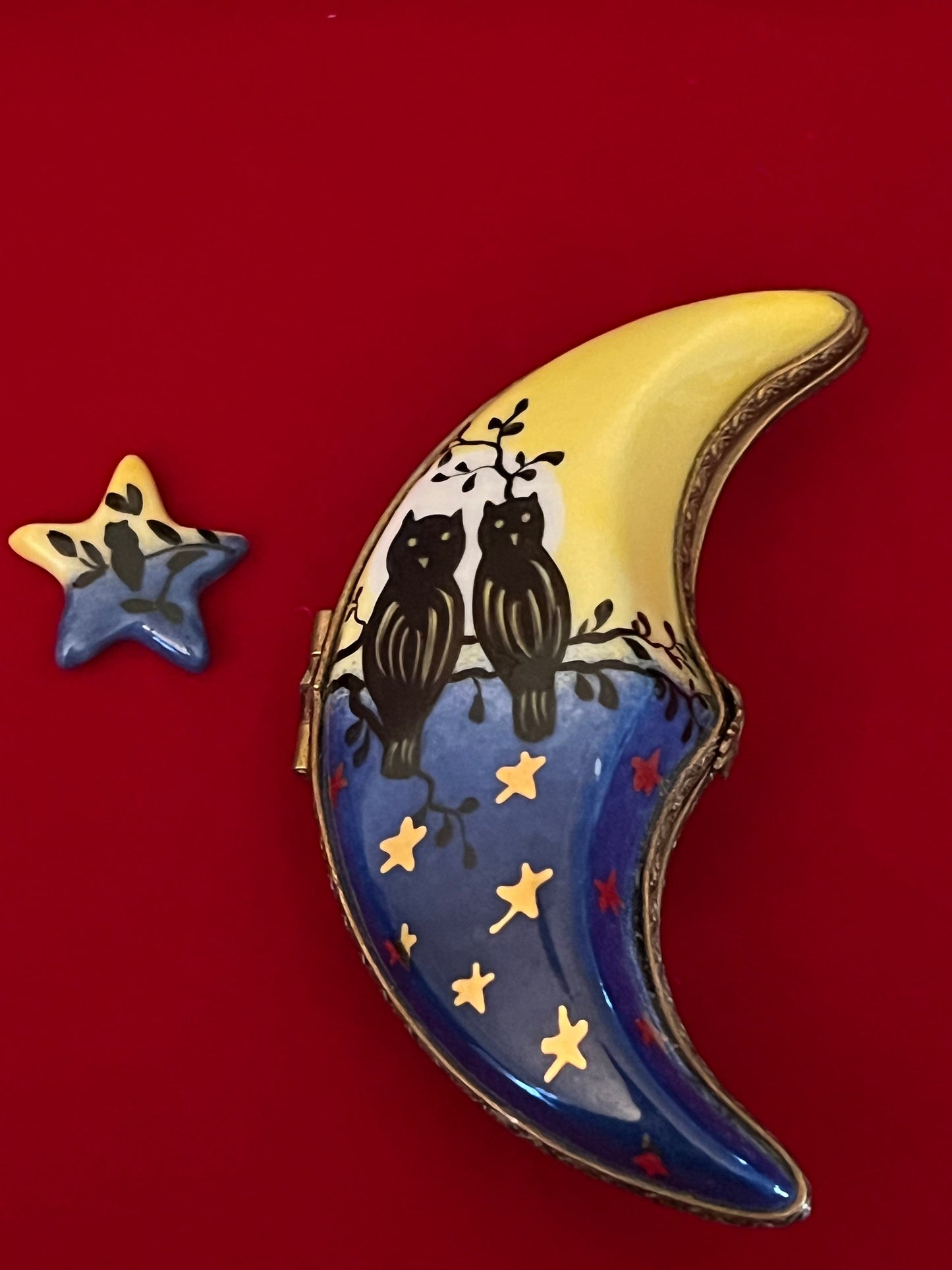 Vintage Limoges Porcelain Trinket Box: Moon with Owls & Star