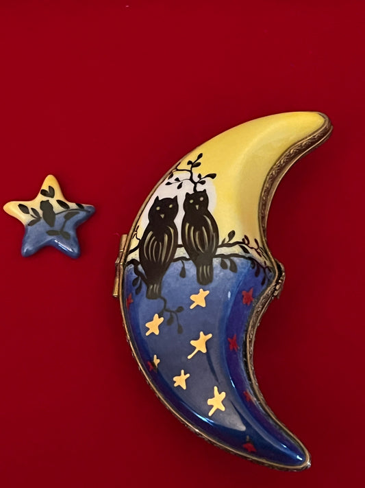 Vintage Limoges Porcelain Trinket Box: Moon with Owls & Star