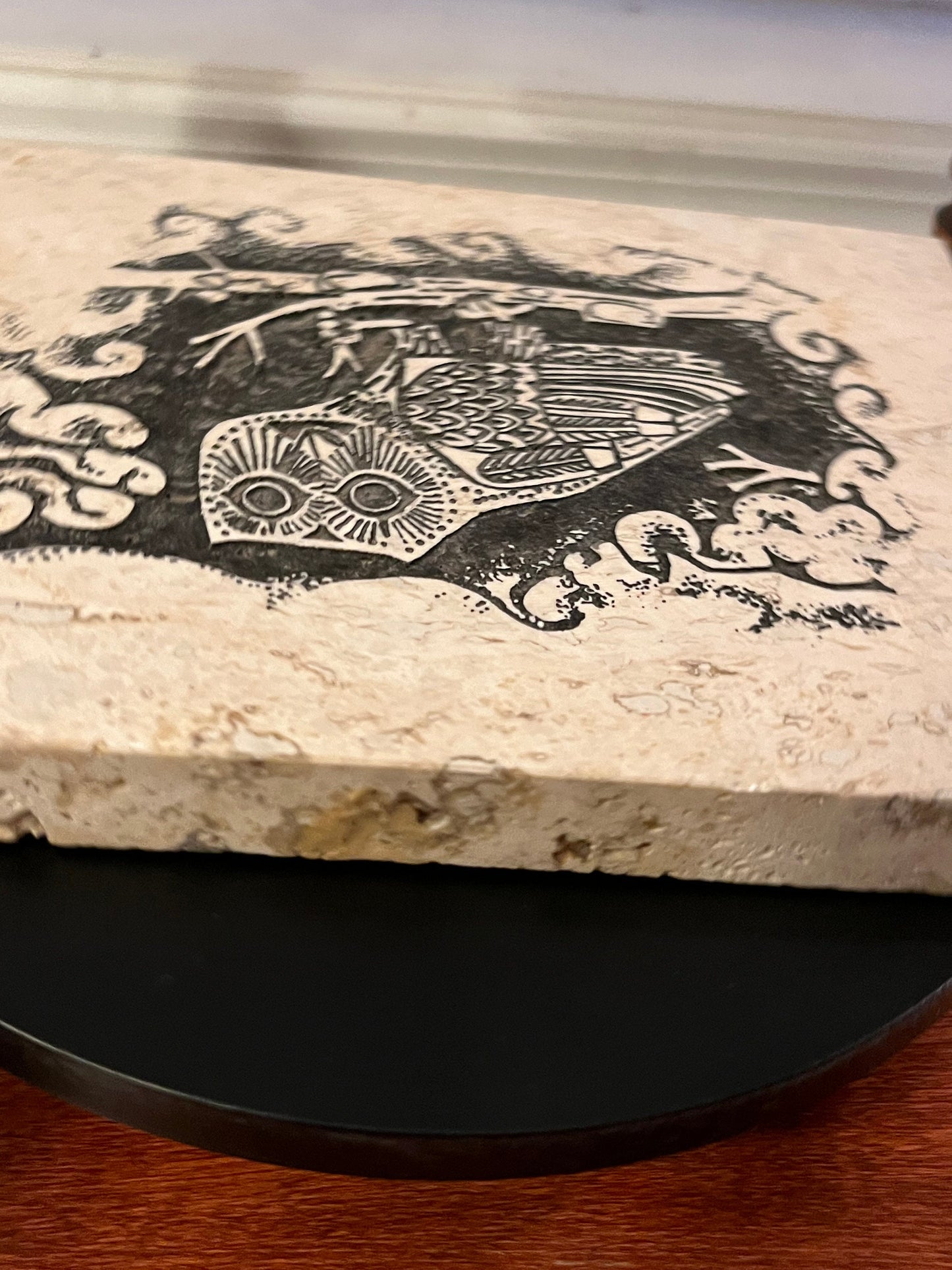 Vintage Owl Etching on Travertine Tile Pen Holder, Signed Art