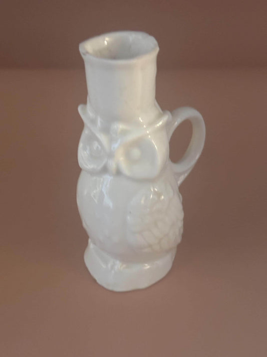 Vintage White China Owl Bud Vase Candle Holder 4.5 Inch Handled Miniature Decor