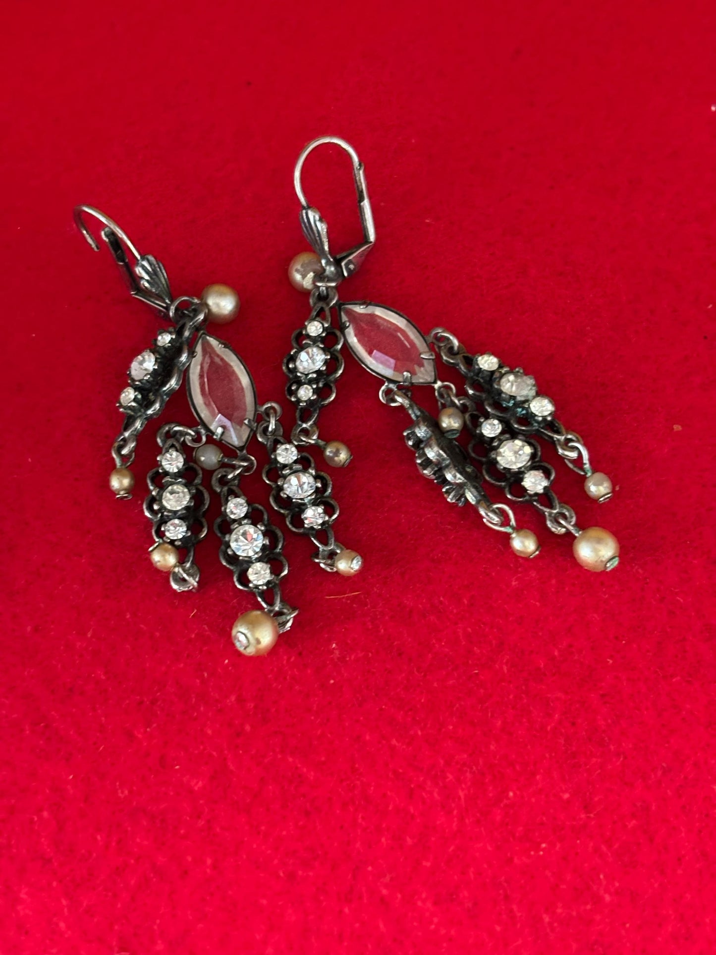 Vintage Crystal Rhinestones Pearls Chandelier Earrings Lever Back Closure Elegant Jewelry