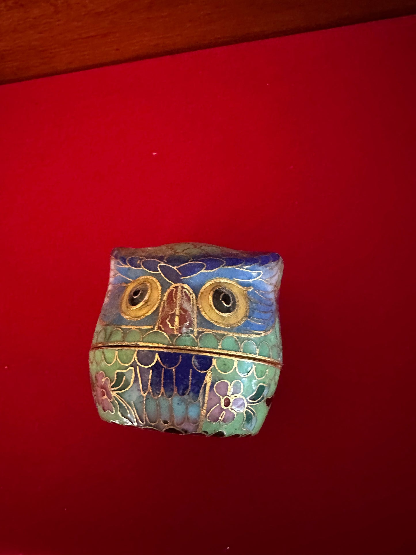 Vintage Cloisonné Owl Trinket Box: Enameled Brass with Flower Design