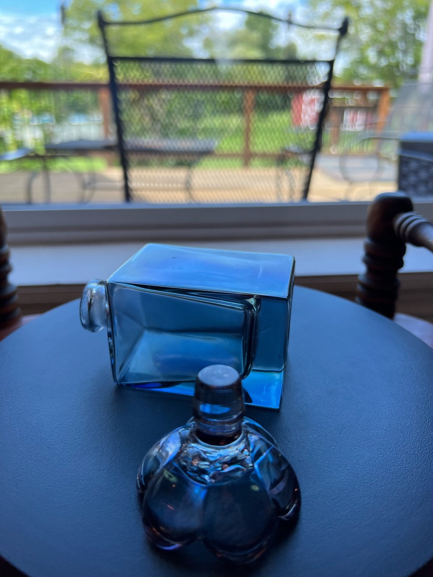 Vintage Blue Glass Perfume Decanter: Flower Stopper Art Glass