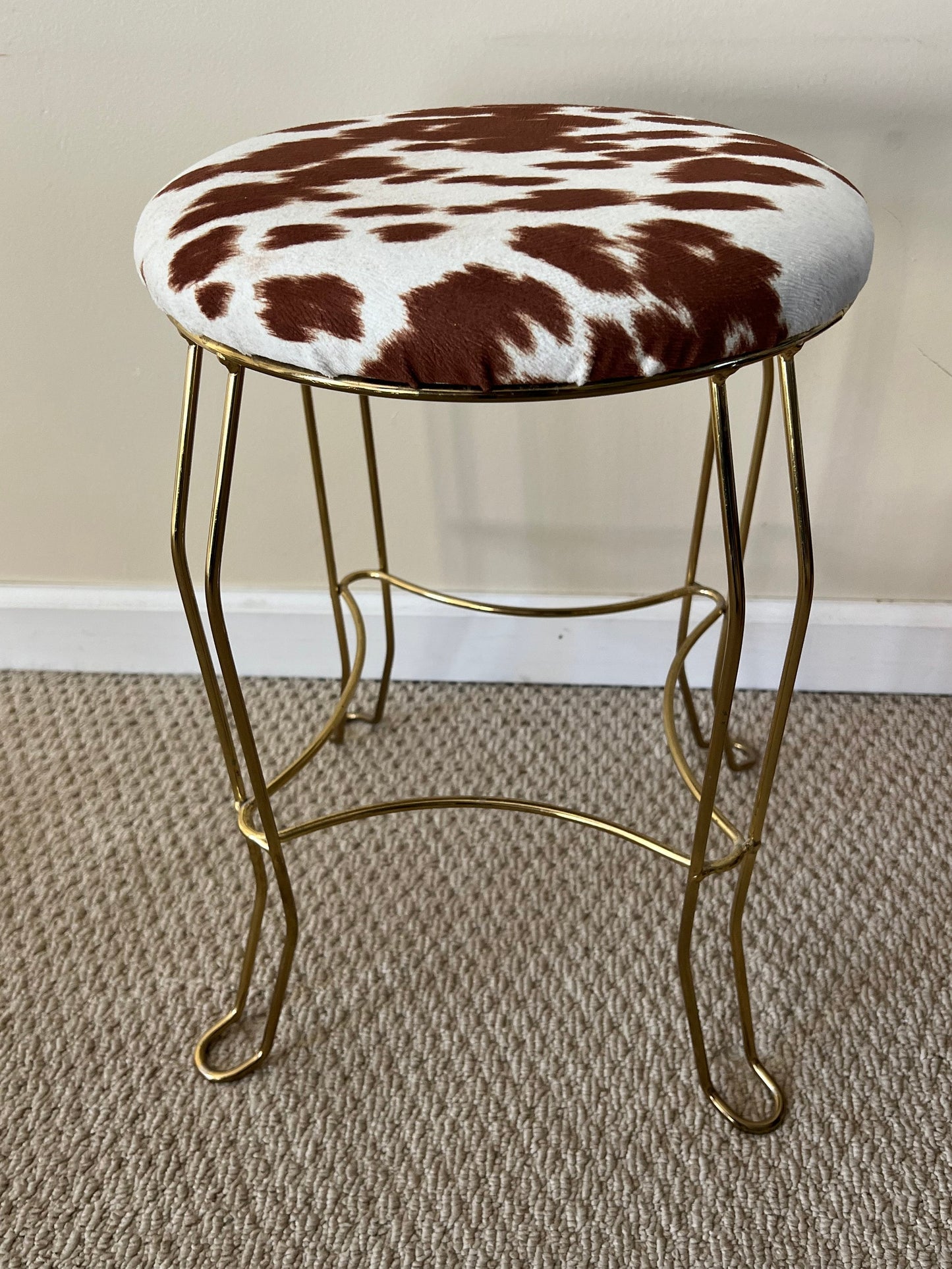 Mid Century Modern Cowhide and Brass Chair Stool Modern Ottoman with Cowhide Steerhorn Photographer’s Seat Lover Antiques and Vintage