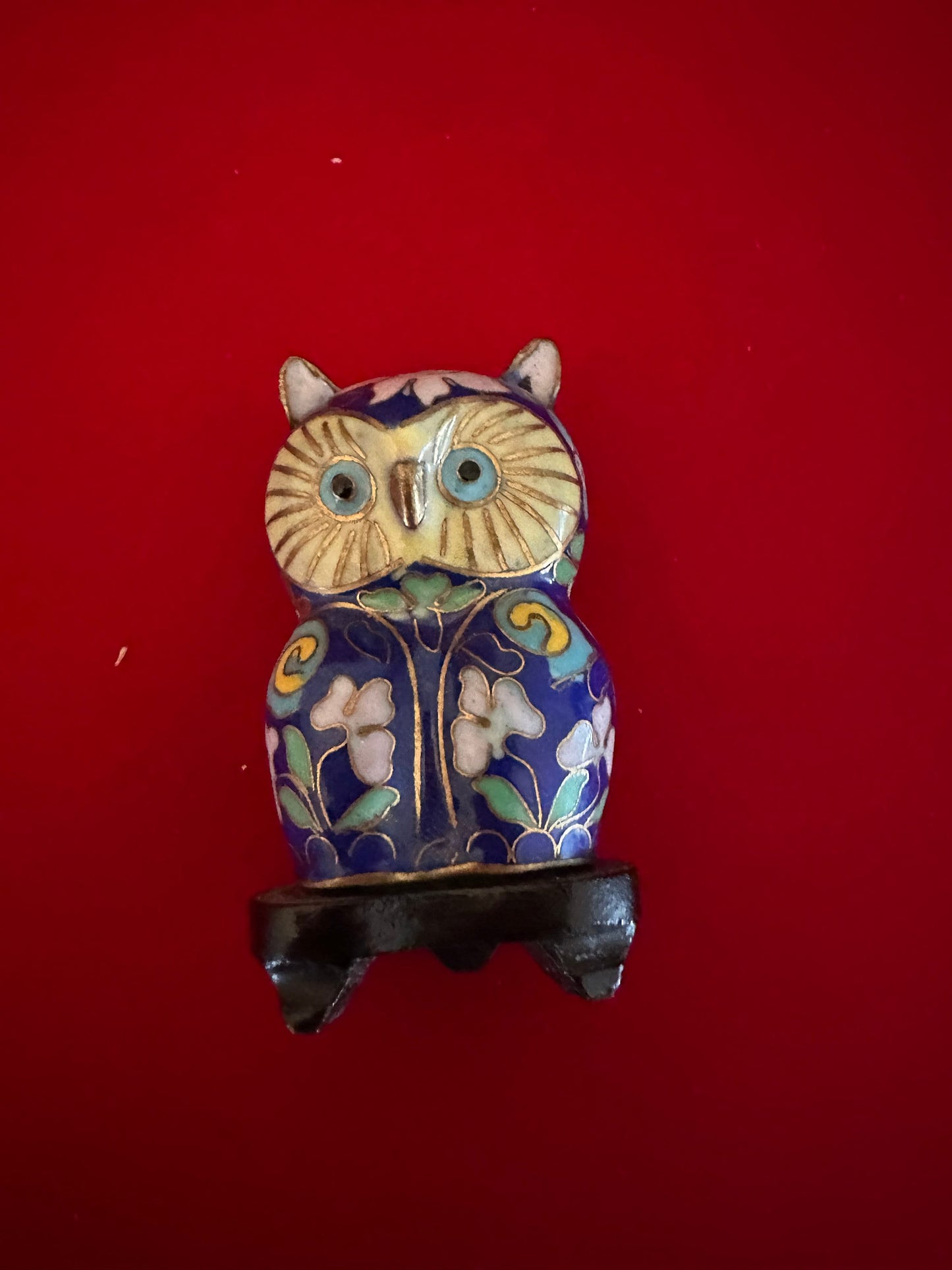 Vintage Cloisonné Enamel Owl Figurine on Stool: Cobalt Blue Brass Statue